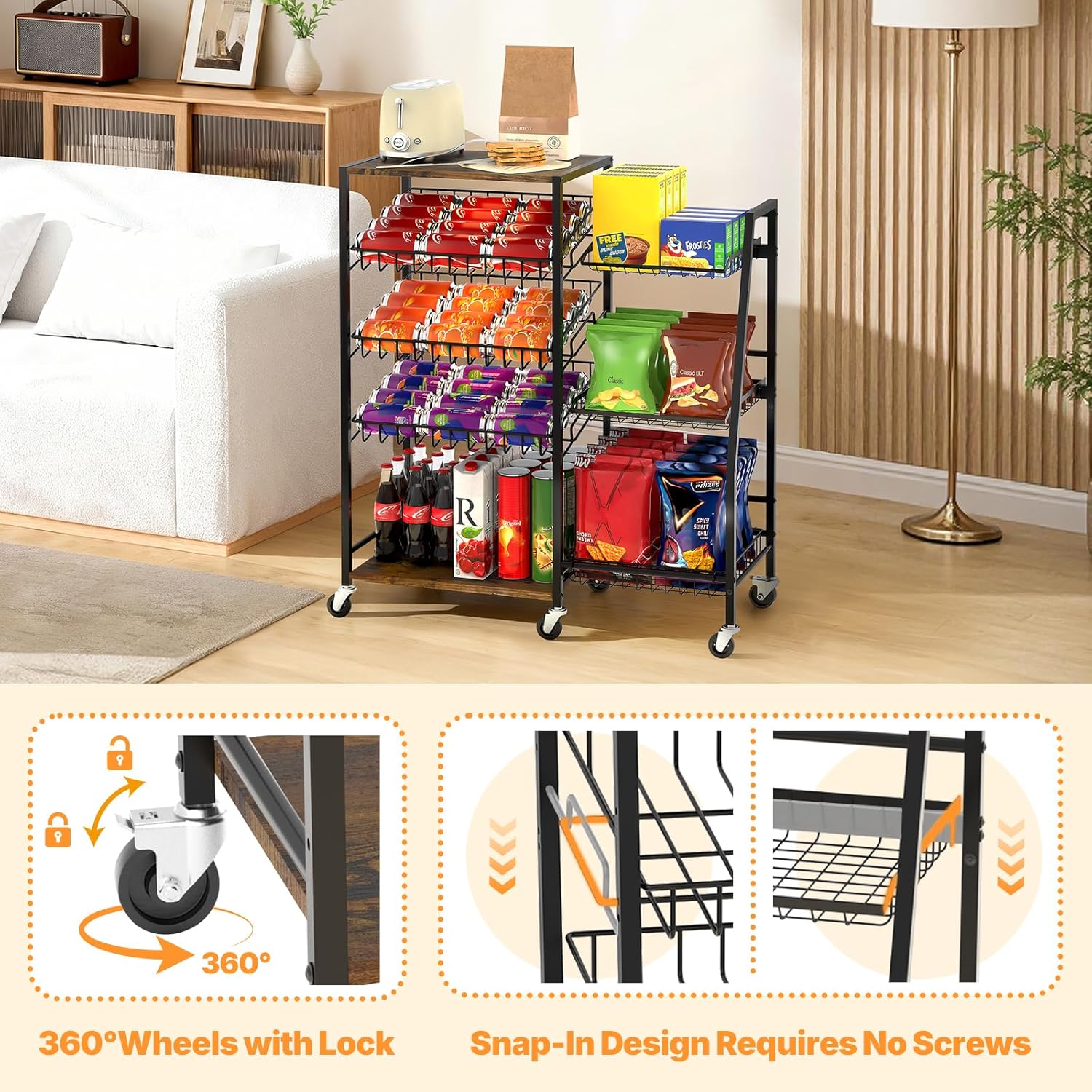 Pinzoveco 5-Tier Rolling Kitchen Storage Carts, Snack Cart with Wheels, Fruit Organizer（Fruit Basket Rolling Cart, Vegetable Holder for Kitchen, Holds Soda Drinks, Cans, Snacks, Onions, Potatoes