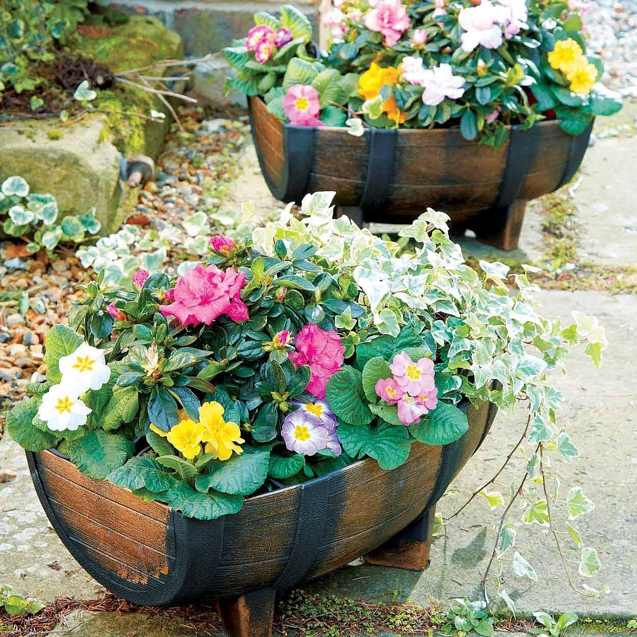 Set of 2 Rustic Bronzed WoodEffect Half Barrel Planters Amazon.co.uk