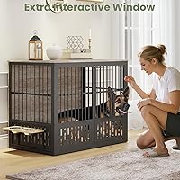 Vista 3 de Mueble de Jaula para Perros de 48 Pulgadas XXL, Perrera de Madera a Prueba de Mordeduras con Ventana Interactiva, Cuencos Ajustables 360°
