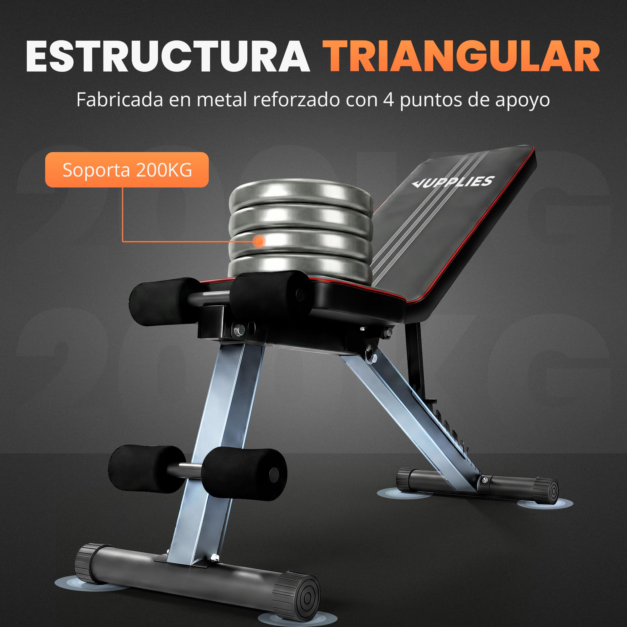 JUPPLIES Banco de Musculación Plegable Multifunción para Gimnasio en Casa – Banco de Pesas Ajustable 7 Niveles hasta 90°, Soporta 200 kg, Incluye 2 Bandas de Resistencia