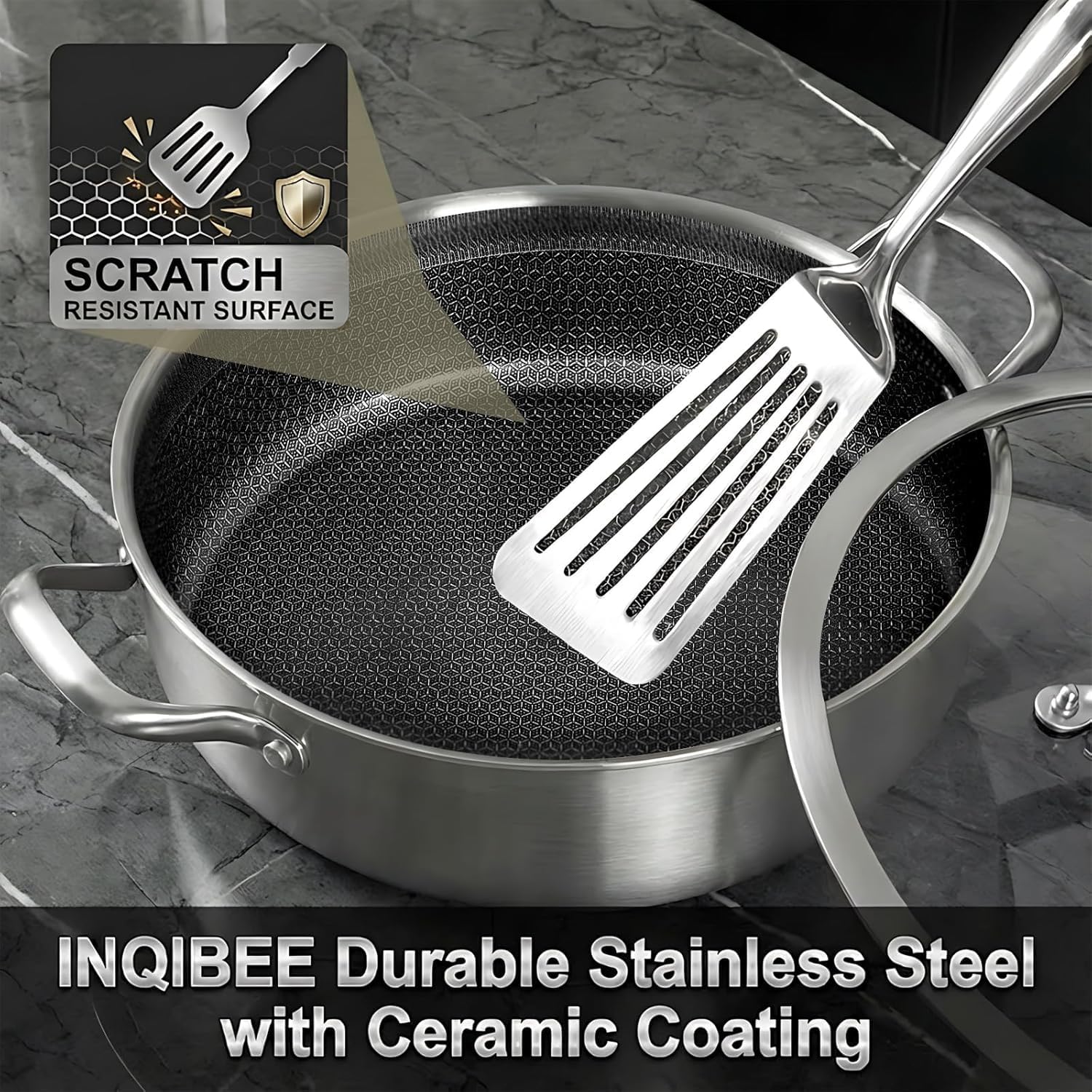 Inqibee 5 QT Hybrid Nonstick Saute Pan with Lid, Tri-Ply Stainless Steel 12 Inch Deep Frying Pan Cookware, PFOA & PFOS Free, Induction Compatible, All Cooktops, Oven & Dishwasher Safe