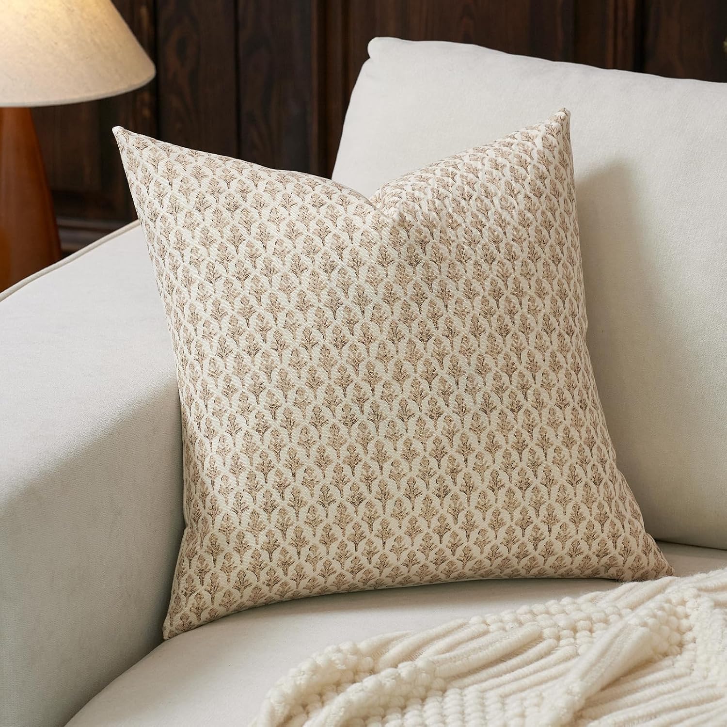 Floral Pillow Covers 18x18 Pillow Cover Block Print Couch Pillows for Living Room Decorative Neutral Accent Throw Pillow Covers, 1PC, Cognac Brown