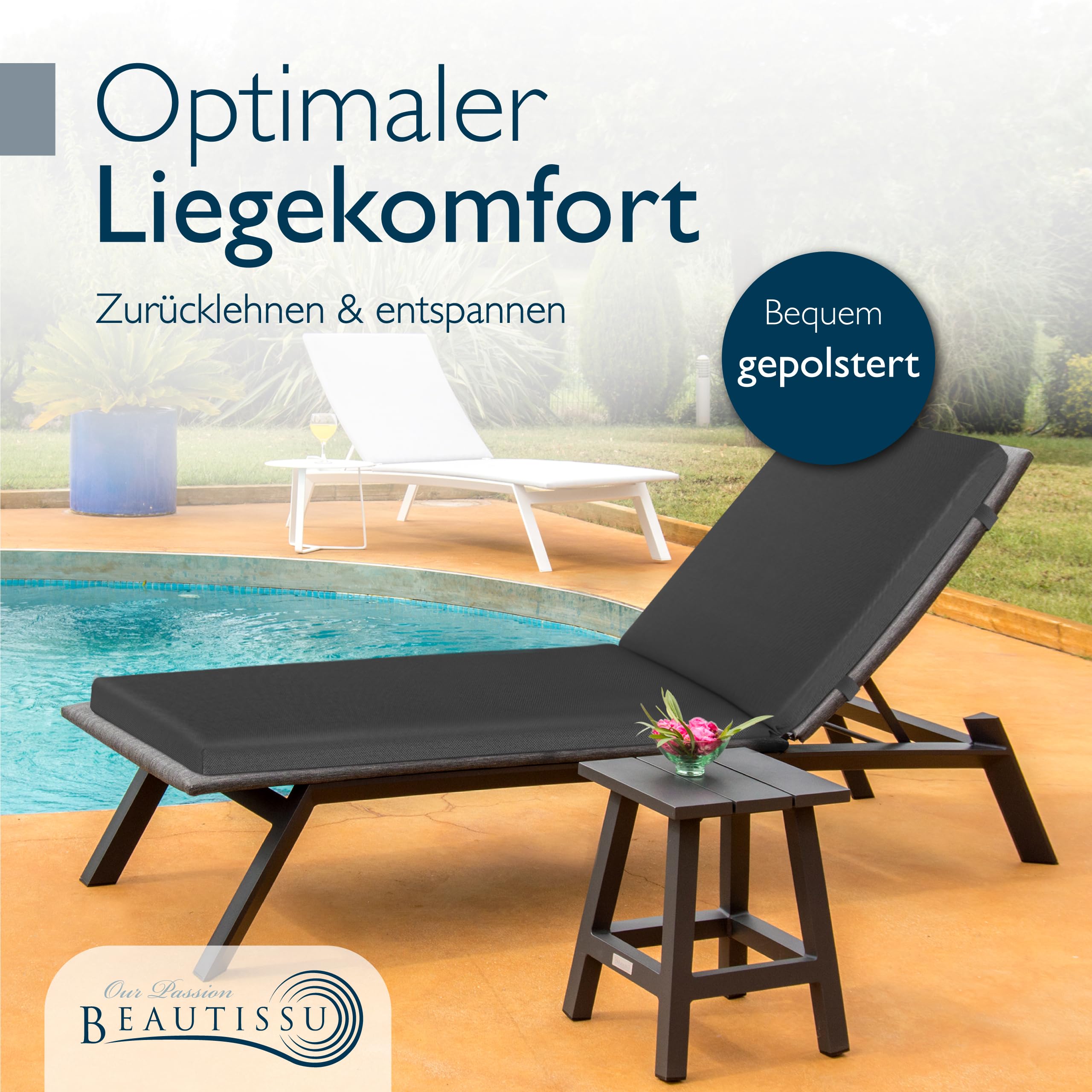 Beautissu Deckchair Auflagen für Gartenmöbel Wasserdicht 2er Set Auflage Liege 190x60 cm Sonnenliege Auflage Outdoor Polster Wetterfest Schnell Trocknend – Auflagen für Gartenliegen Anthrazit
