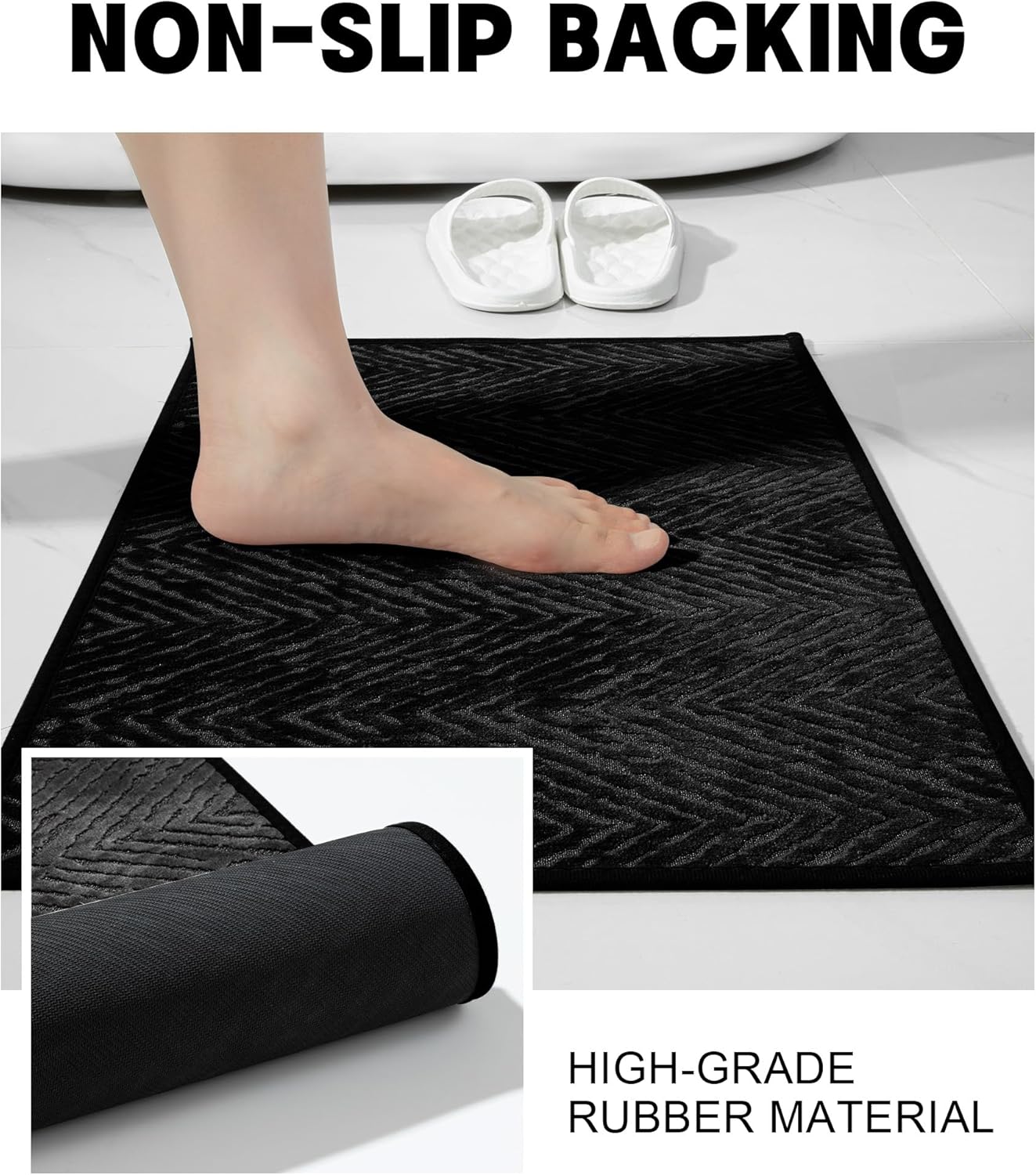YIHOUSE Black Bathroom Rugs 17"x47",Long Thin Bath Rugs Quick Dry Non Slip,Fishbone Pattern Bath Mats for Bathroom，Wave Washable Bath Mat,Absorbent Rug for Toilet