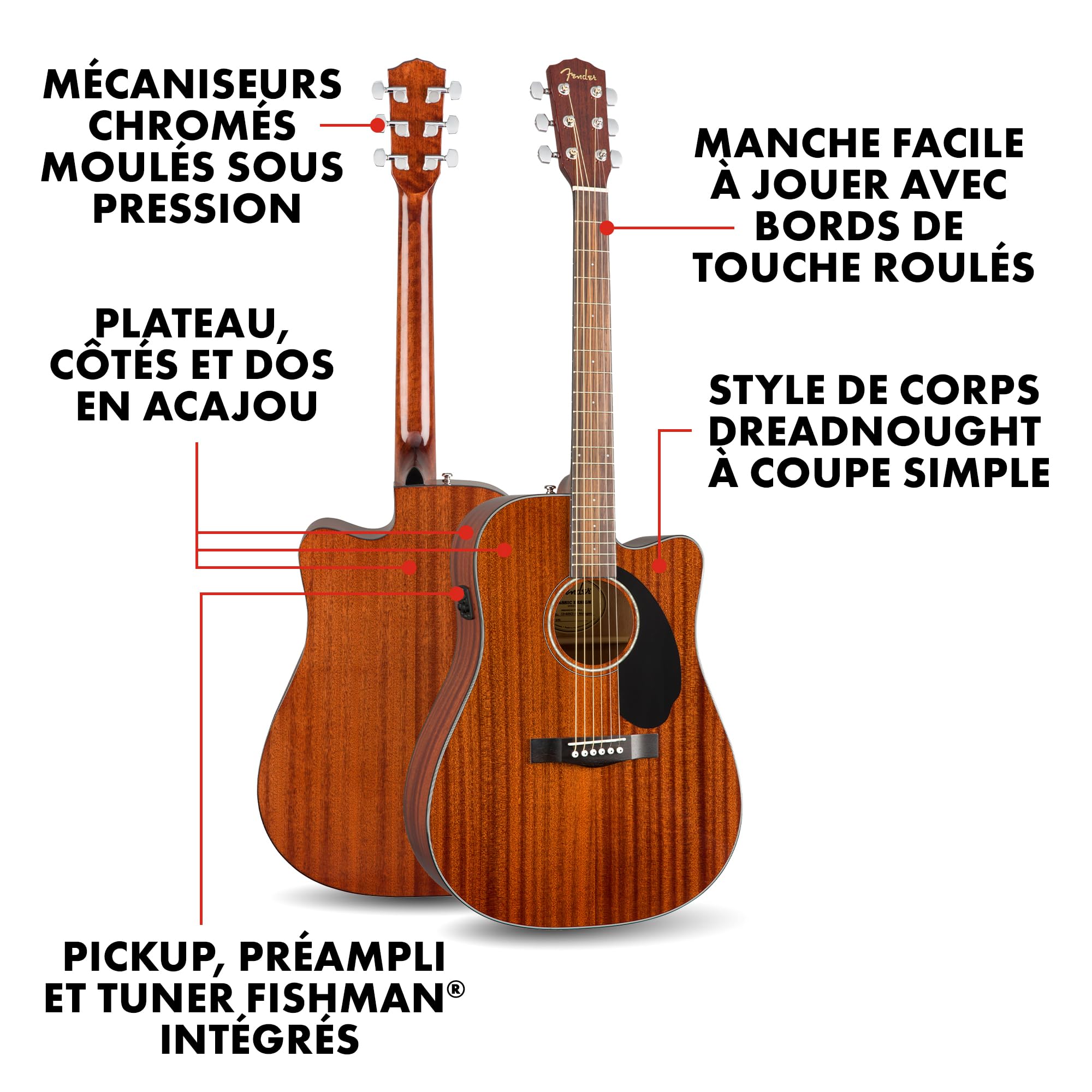 Fender CD-60SCE Dreadnought Guitare Acoustique Electro, Tout Acajou, Inclus des Cours Virtuels Gratuits sur Fender Play