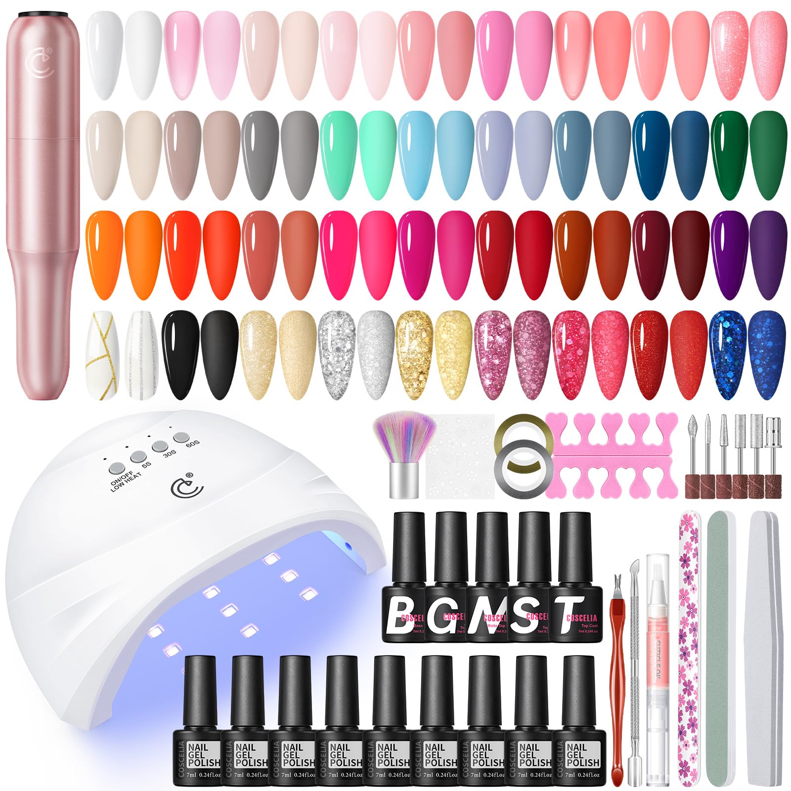 COSCELIA 40PCS Kit Ongle Gel UV Complet avec Ponceuse pour Ongles Lampe UV,35 Couleurs Vernis Semi Permanent Base et Top Coat Décoration et Outils pour les Ongles, Cadeau pour les Femmes