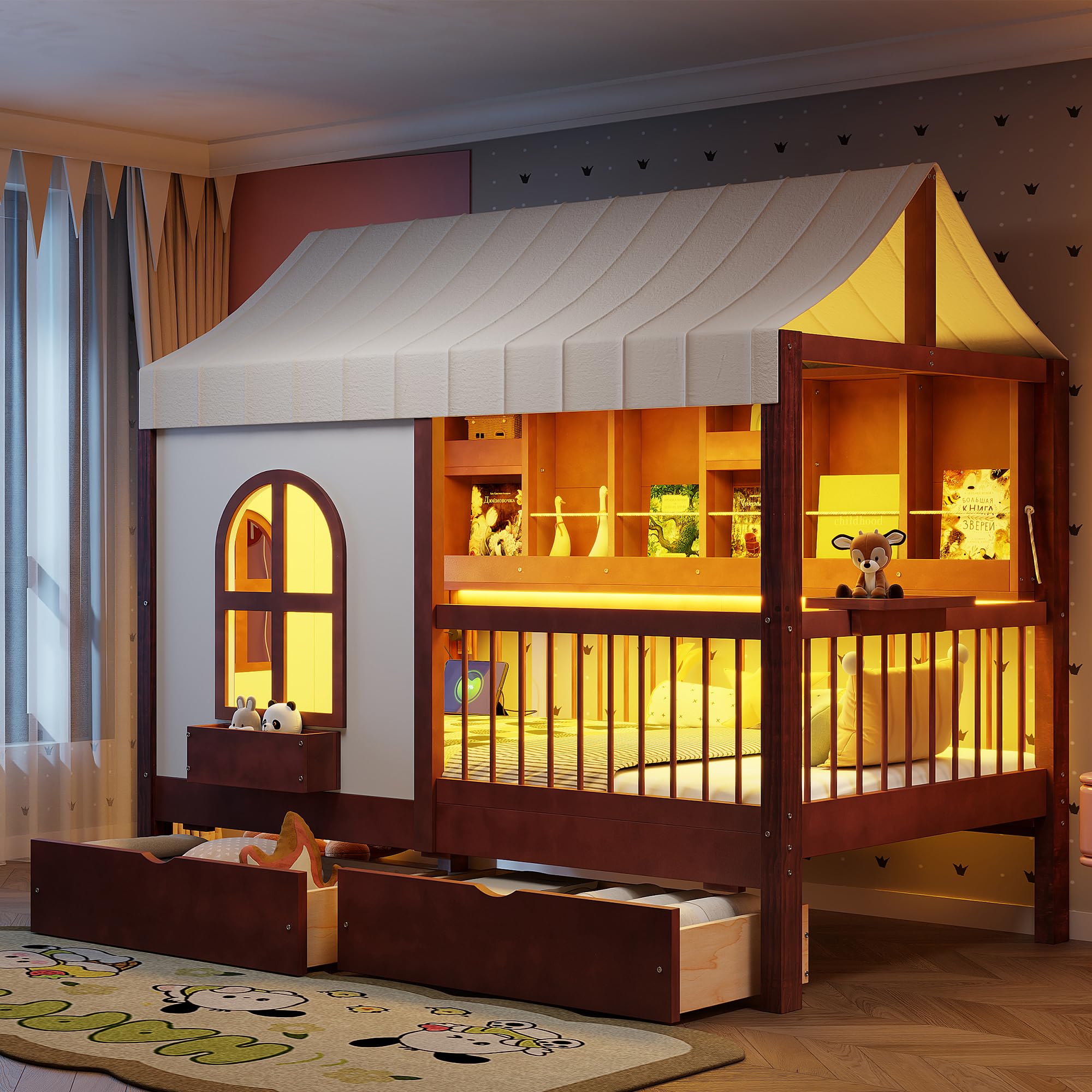 House Bed with Tent and Bookshelf, 2 Drawers, USB Charging