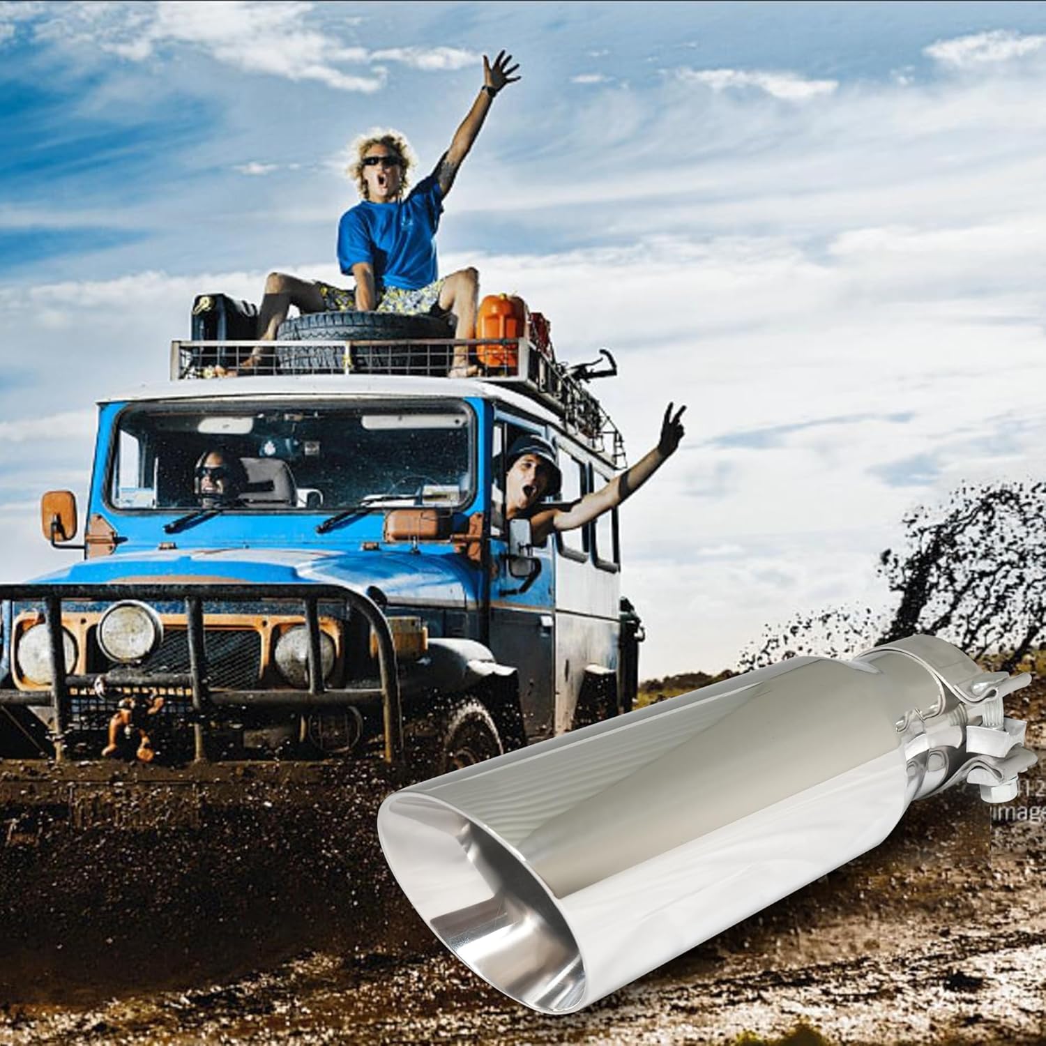 Exhaust Tip 3.0" Inlet to 4.0" Outlet Stainless Steel Double Wall Slant Cut Exhaust TailTip with Clamp 3 Inch Inlet Exhaust Tips Universal for 3" Outside Diameter Tailpipe (12"/305mm Length)