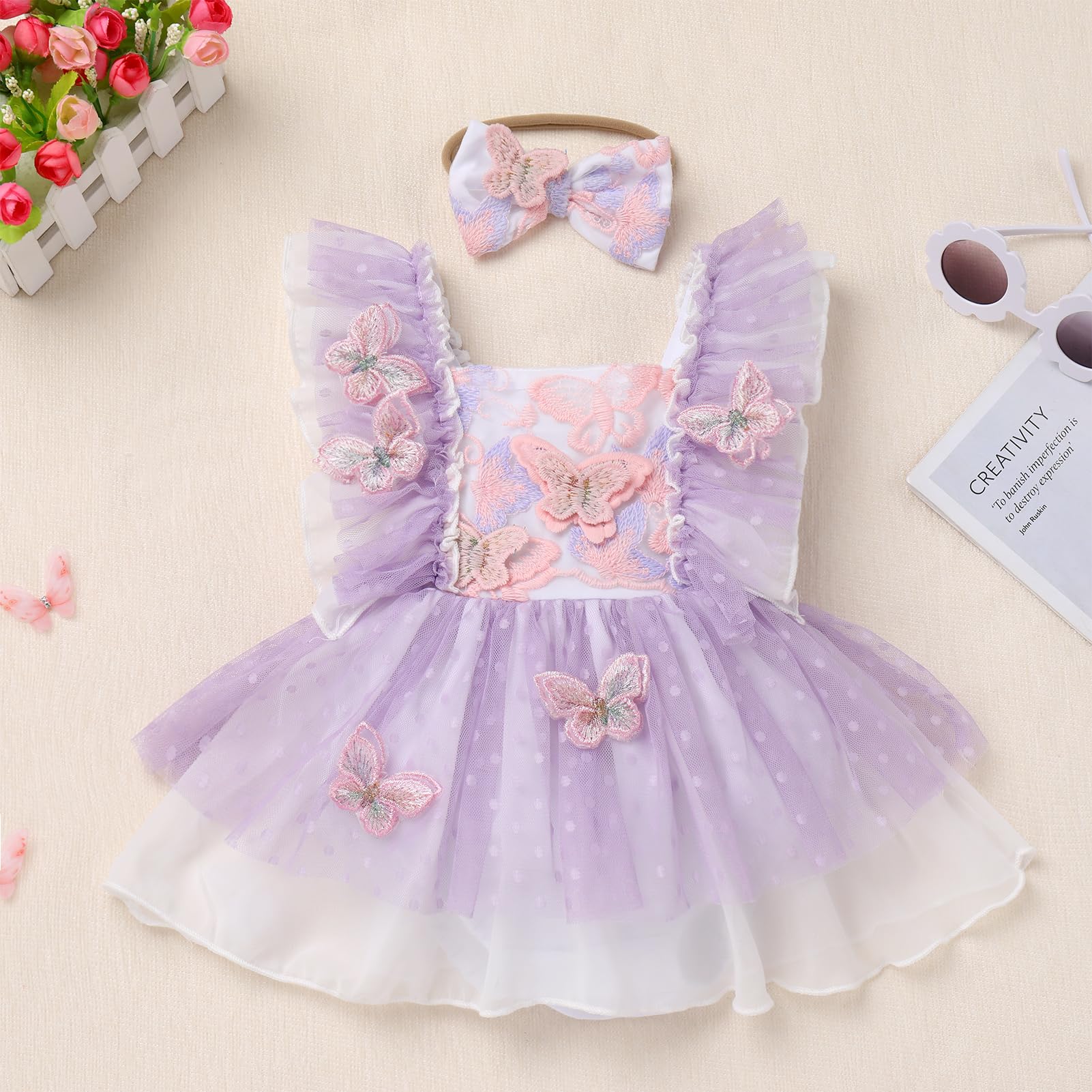 Baby Girls First Birthday Outfits 3D Floral Butterfly Print Ruffle Tulle Romper Dress for Toddler Flutter Sleeve Birthday Party Dresses and Headband 1st Cake Smash Clothes Lilac Butterfly 3-6 Months