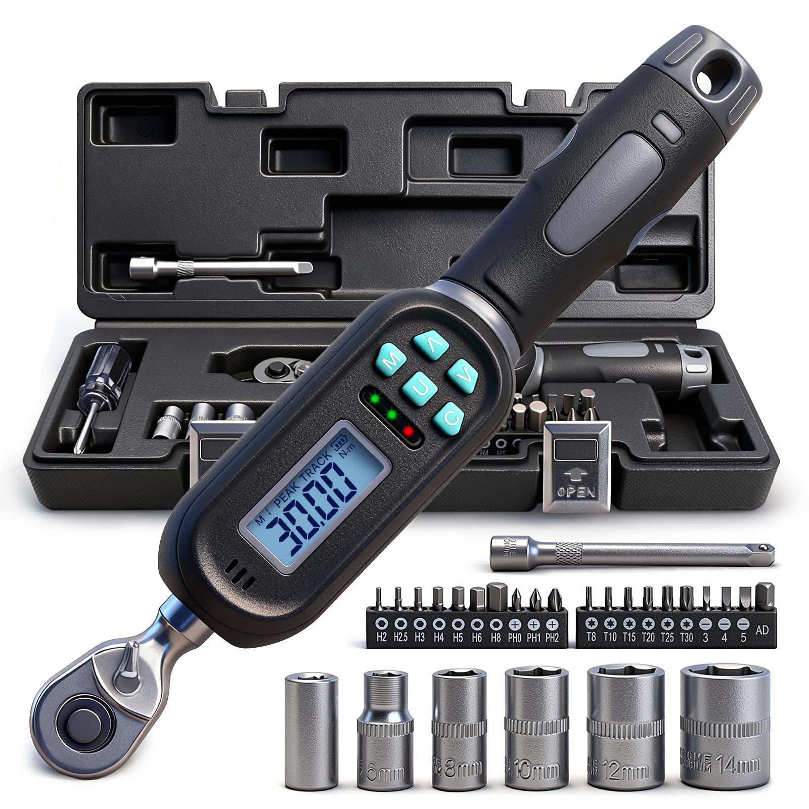 BLUEMARS 1/4" Digital Torque Wrench, 1.5-30 Nm (1.1-22.1 Ft-lbs) Torque Wrench with Buzzer & LED Indicator, Accuracy ±2%, 72-Tooth Ratchet for Bicycles, Motorcycles, Precision Mechanical Maintenance