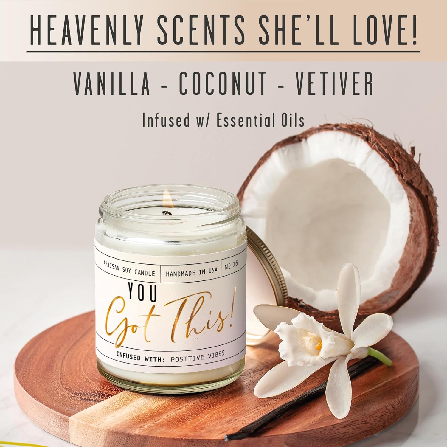 You Got This Gift for Women - 'You Got This' Soy Candle, w/Vanilla, Coconut & Citrus I Positive Vibes Candles for Women I Motivational Desk Decor I Inspirational Decor I 9oz Jar, 50Hr Burn, USA Made - Image 2