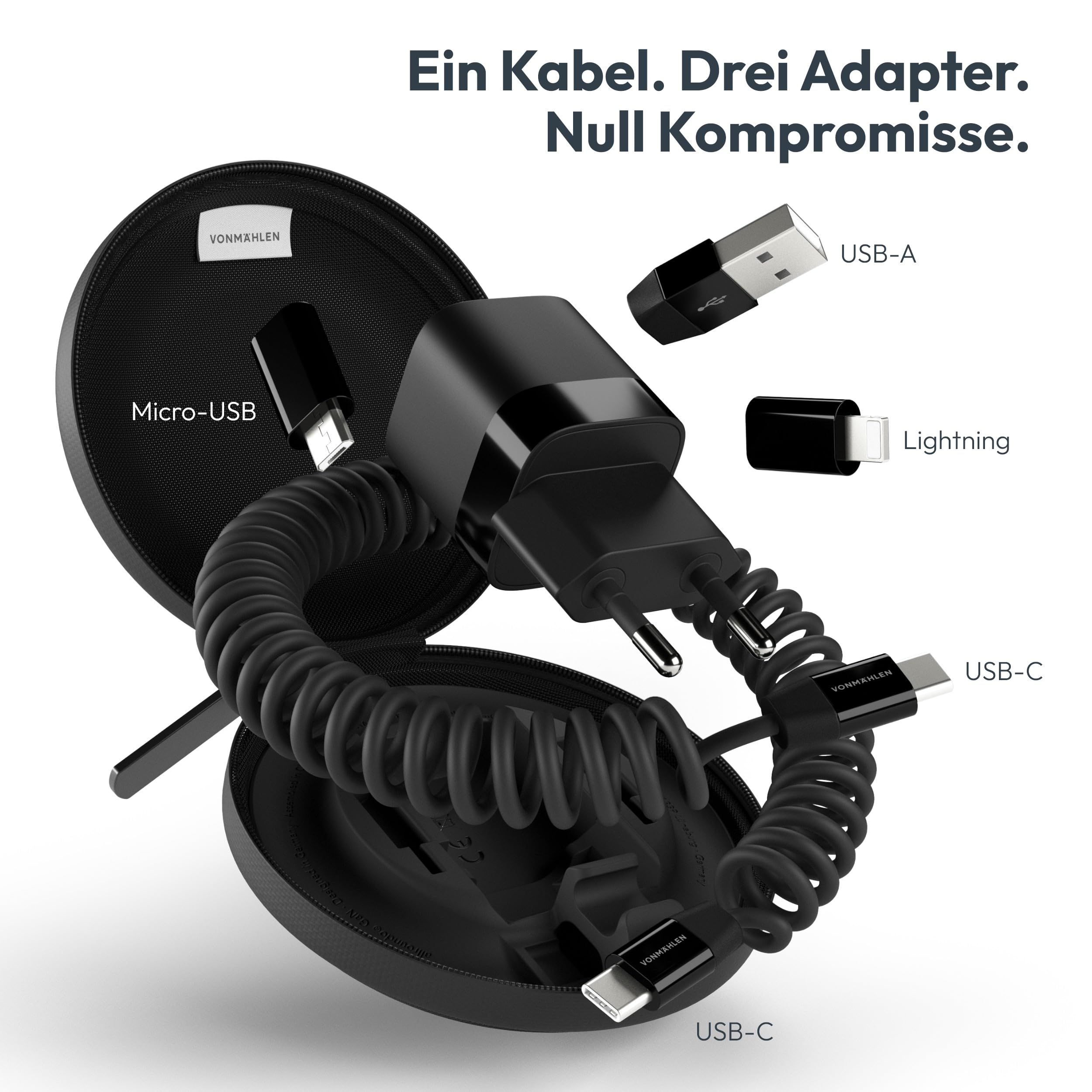 VONMÄHLEN allroundo® GaN - All-in-One Ladekabel - Elektronisches Kabel, Universell für Smartphones & Mobile Endgeräte, 6 in 1 Multiladekabel, Schnellladung, Reiseetui Inklusive