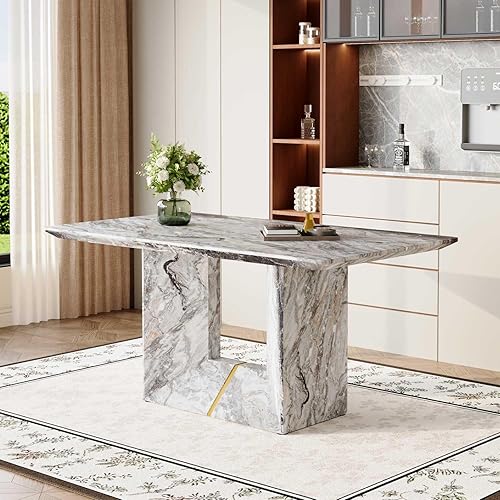 Miniatura 20 de Juego de mesa de comedor de 63'' para 6, juego de mesa de comedor de estilo granja de mediados de siglo para 6, mesa de grano de madera con base en