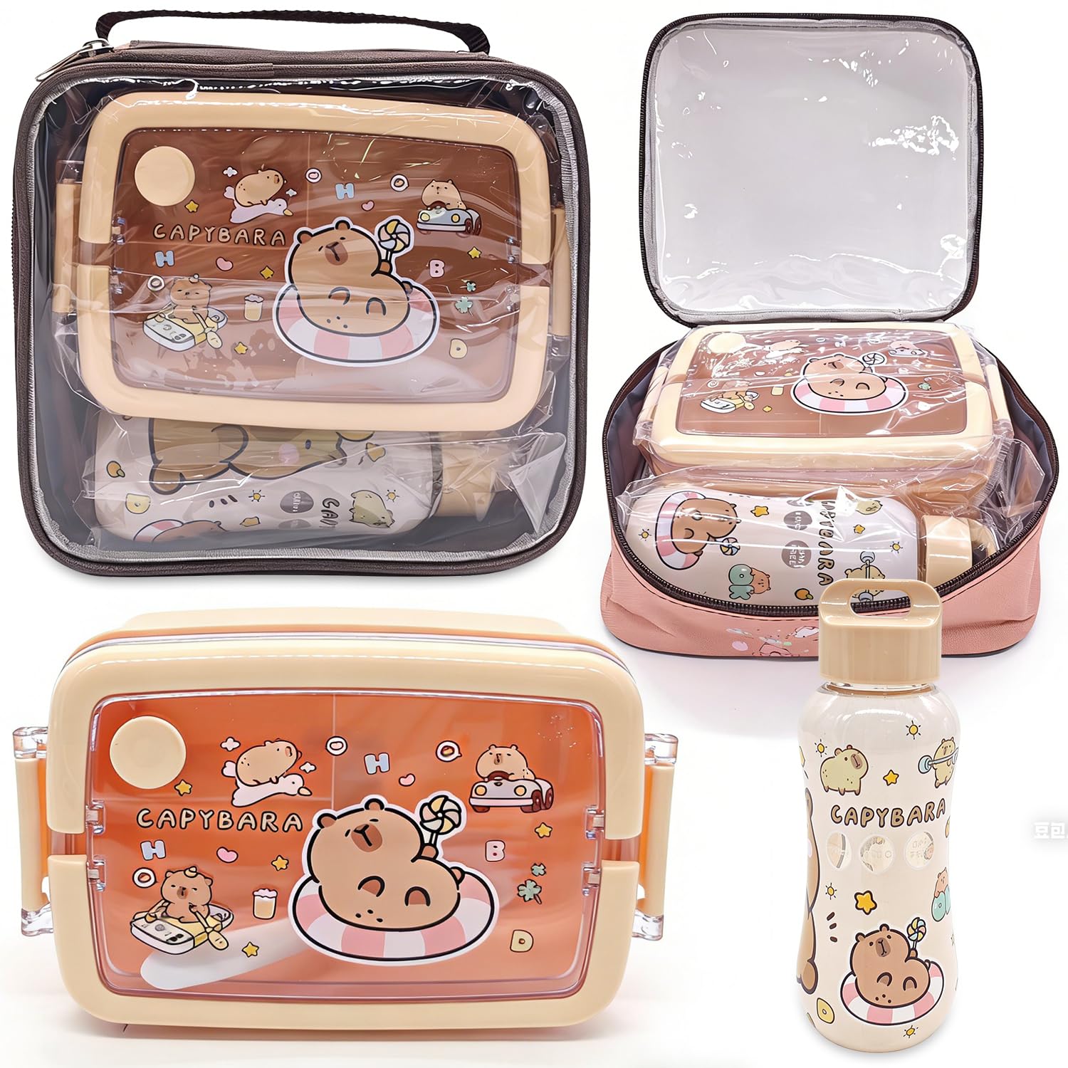 Spiritzohic Capybara Insulated Lunch Bag Set, Childrens Capybara Lunch Box Set, 800ml Bento Box and 350ml Leak Proof Water Bottle, for School Work Picnic Travel Beach, Gifts for Children
