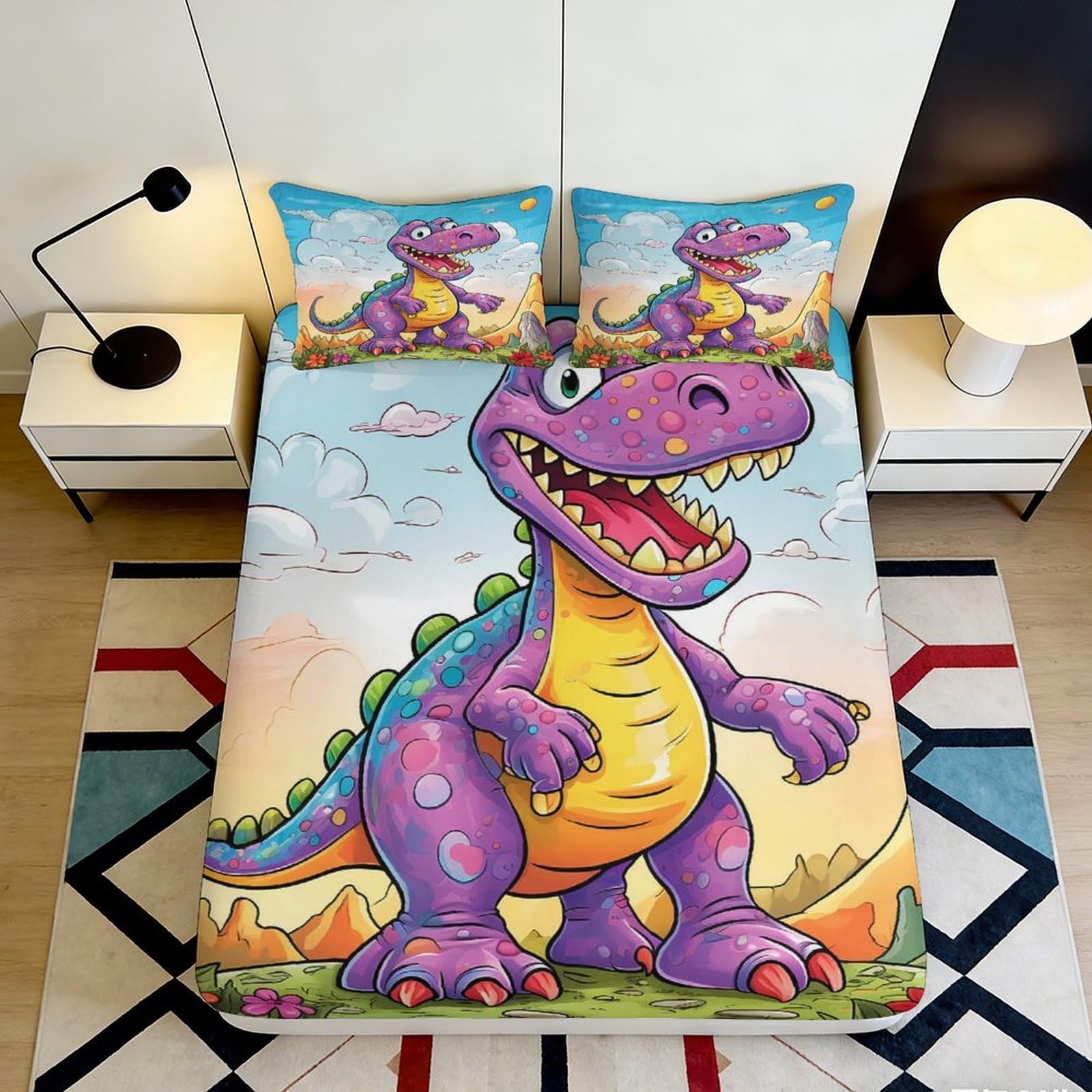 3D Printed Purple Dinosaur Fitted Sheet Microfiber Soft Non Slip Cartoon Jurassic Bed Cover for Bedroom Guest Room Decor 90x200x25cm