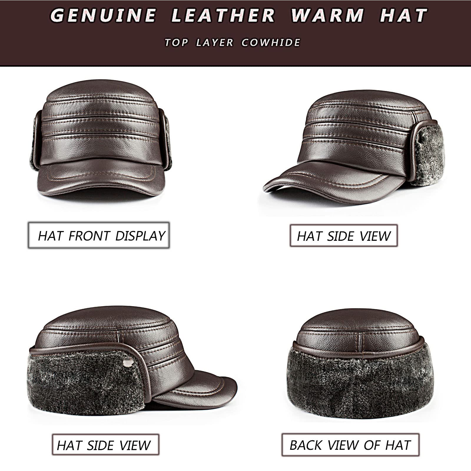 Cappello Invernale in Pelle con paraorecchie Aviatore cap Caccia Trapper Cappello Sci Neve Cappelli Impermeabile Invernale Cappello,Dark Brown,L(55~56cm)