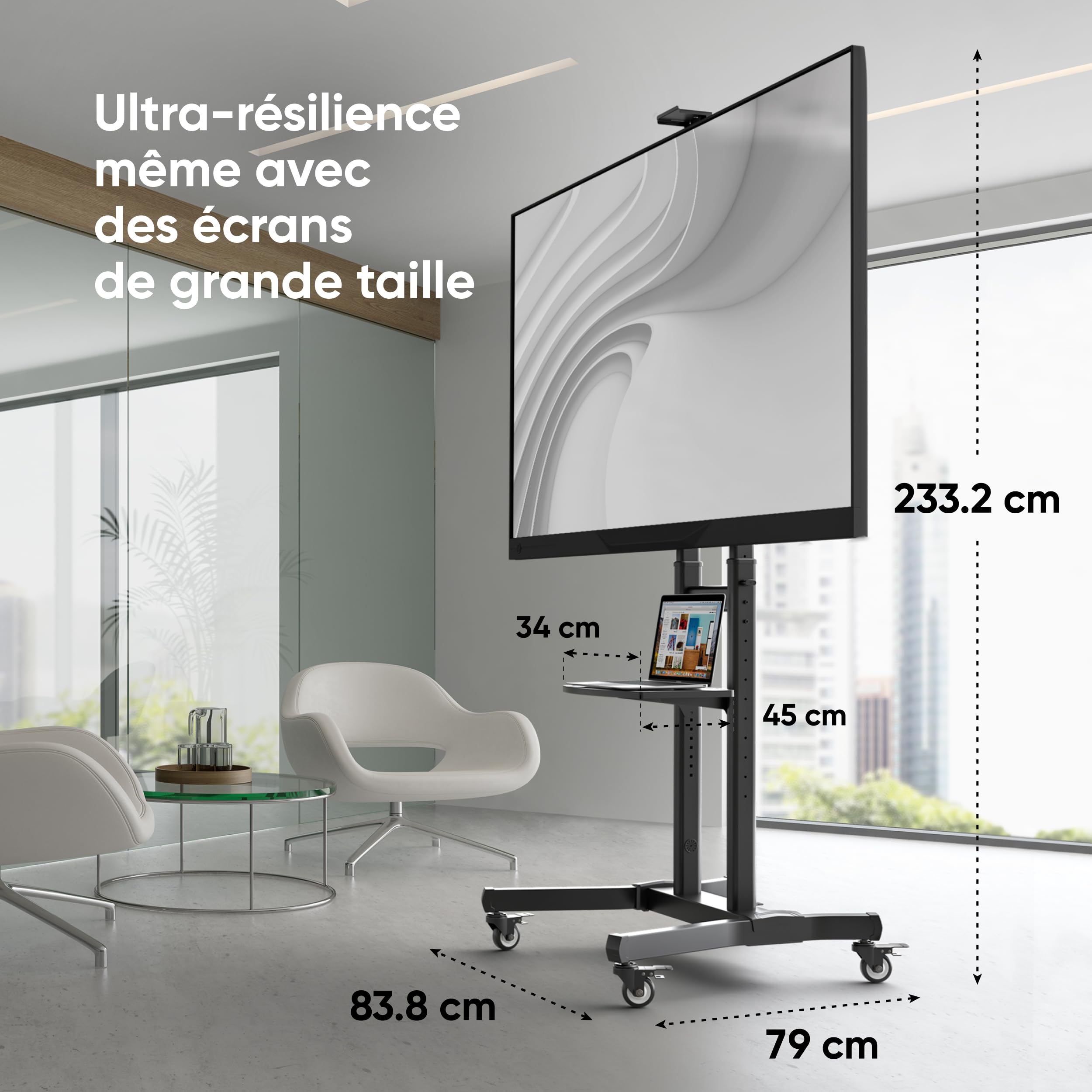ONKRON Support TV roulettes 50" - 90", 90 kg, Max VESA 800x600, TS1891-B | Support TV mobile, inclinaison ±5°, hauteur réglable, roues sécurisées, tablettes, présentations, réunions et classes, noir