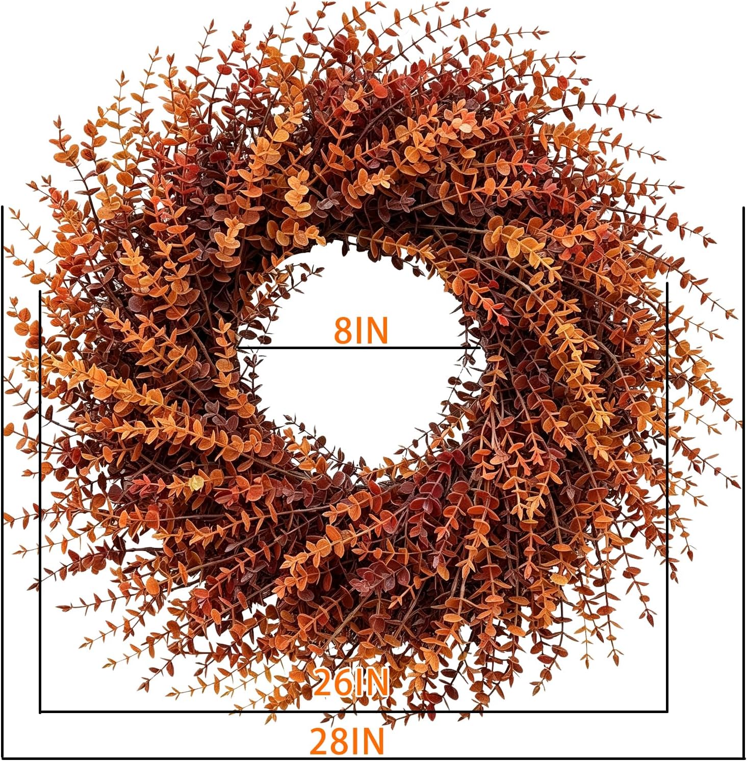 26in Large Artificial Autumn Eucalyptus Wreath (Fall Orange) | Fake Full Eucalyptus Leaves Wreath, for Front Door,Porch,Window,Farmhouse,Harvest Festival,Outdoor Autumn Decor
