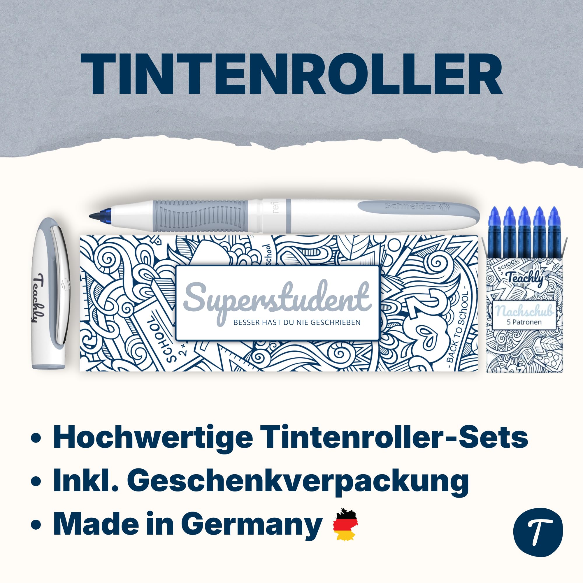 Teachly Tintenroller Superstudent (Anthrazit) - inkl. 7 blauen Patronen | Nachfüllbarer Tintenroller für Schule & Studium - Inkl. Geschenkverpackung