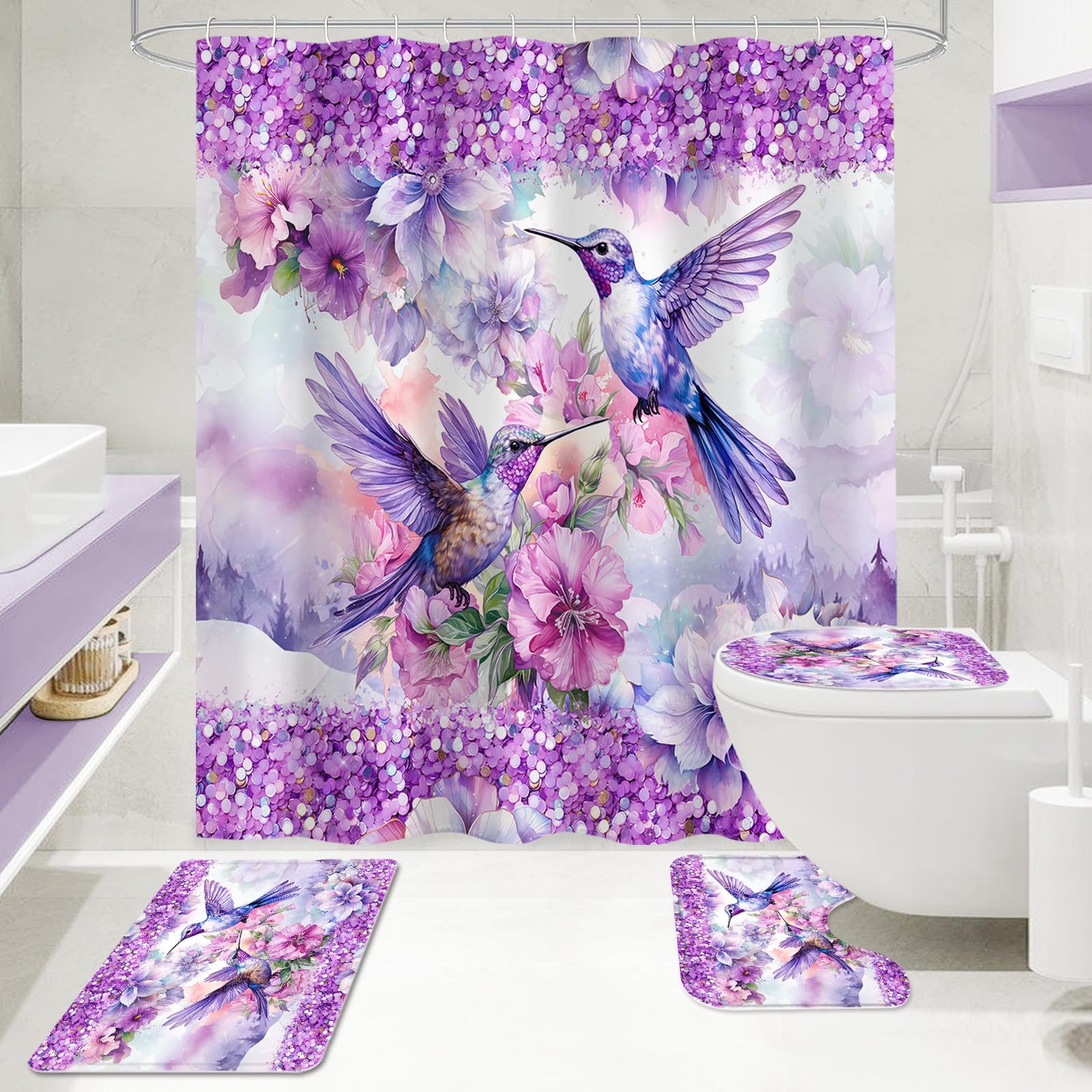 Litabel Badezimmer-Set Mit Rosa Kolibri-Blumen – Duschvorhang + 2 Teppiche + WC-Deckelbezug, 4-teilig