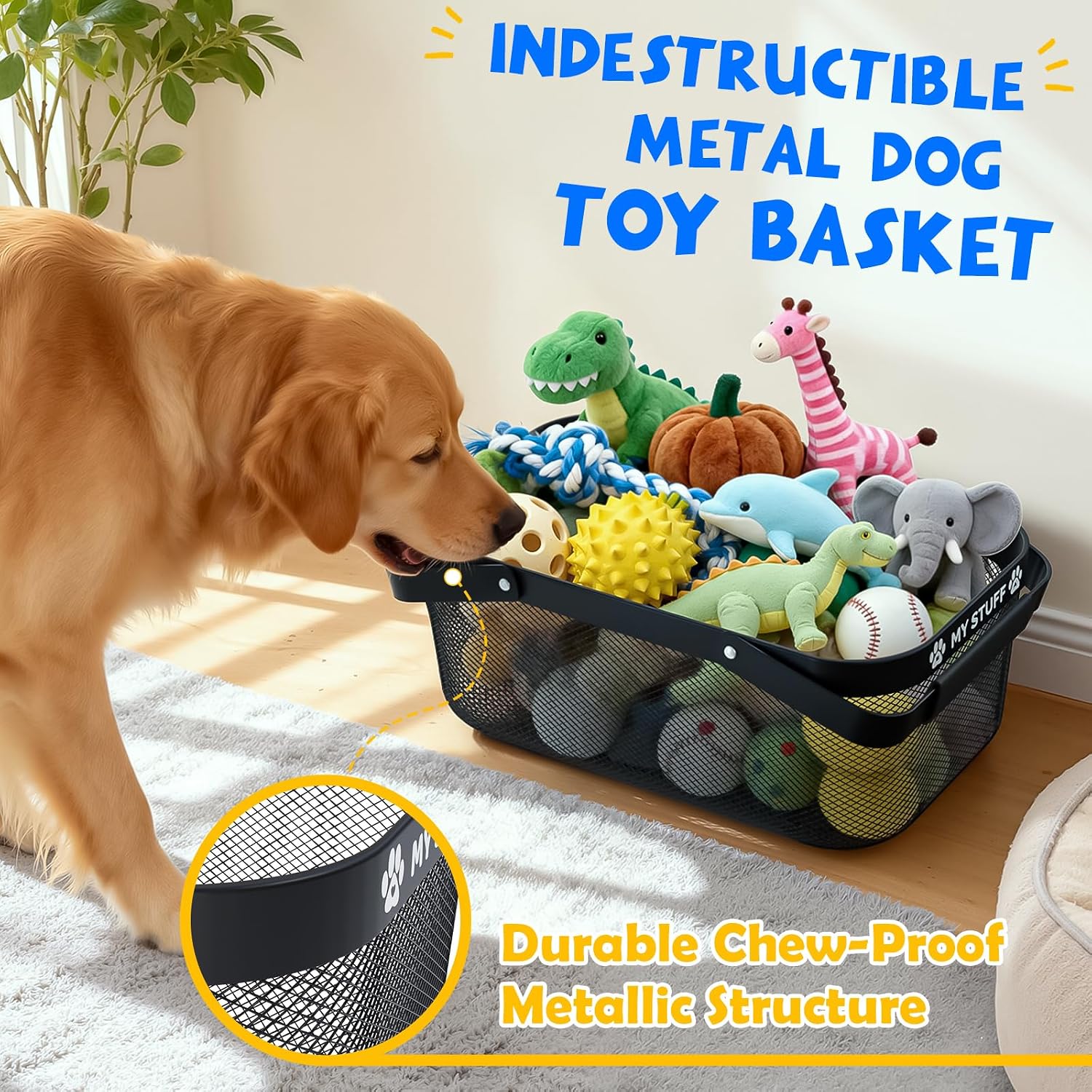 Metal Dog Toy Basket: Pet Toy Box Storage Bin for Living Room Area, Mesh Design and Sturdy 16 (L) x 9.5 (W) x 7 (H) inches