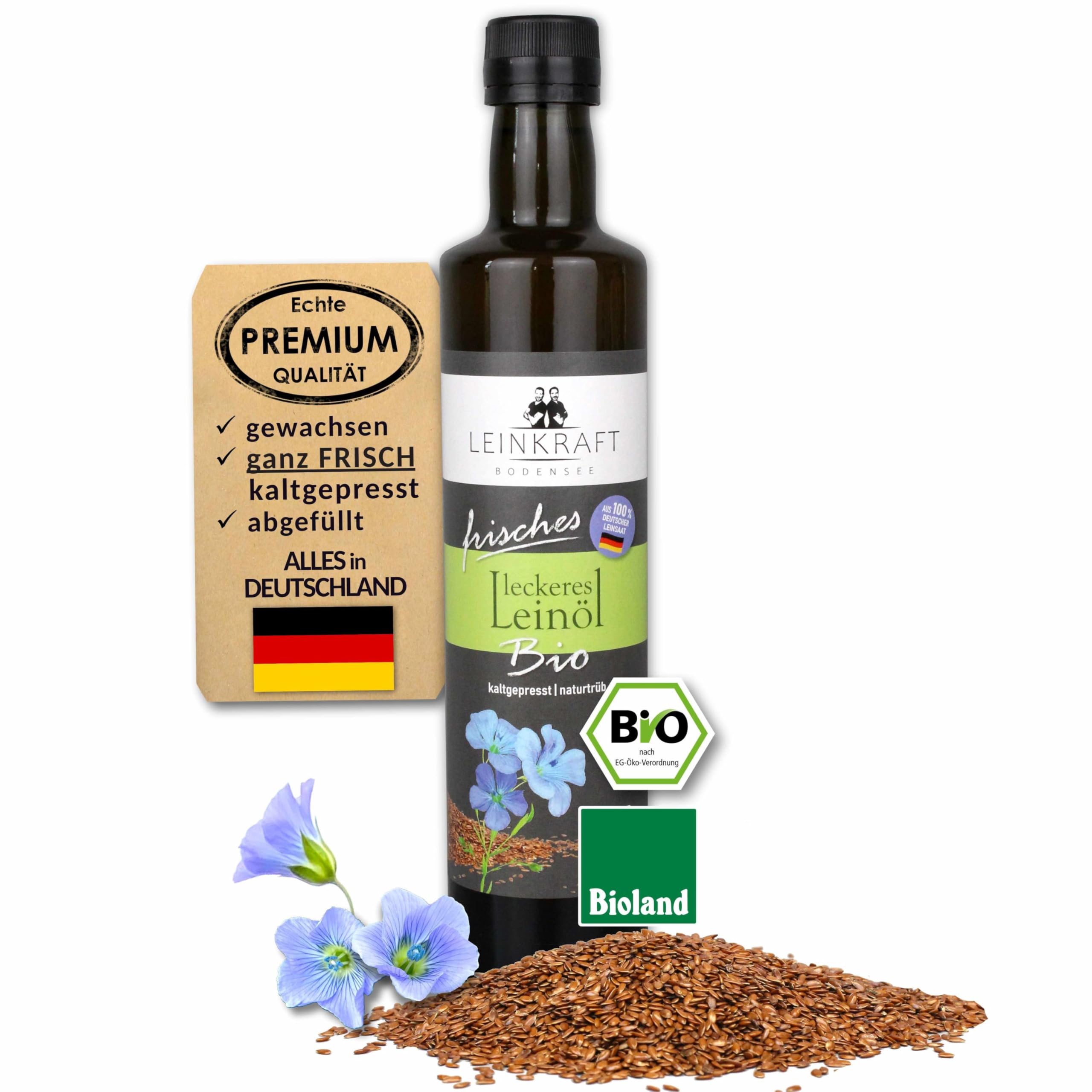 Leckeres Bio-Leinöl 500ml frisch gepresst 100% deutsche Leinsaat - Omega 3 reich mit Lignanen - direkt ungefiltert abgefüllt - Leinsamenöl in Bioland Rohkostqualität