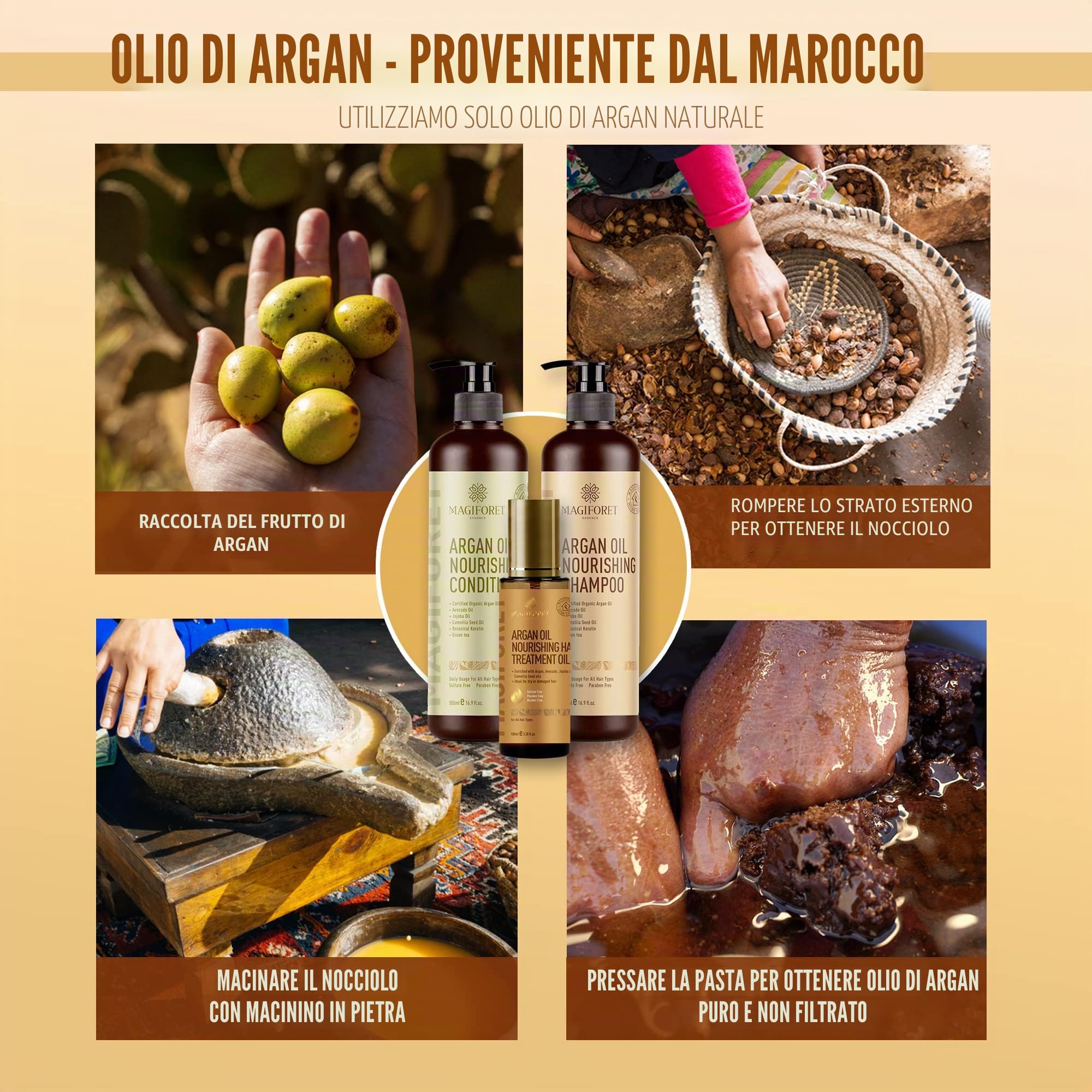 MagiForet Set per la cura dei capelli con shampoo all'olio di argan 500 ml + balsamo 500 ml + siero per capelli 100 ml, senza parabeni – nutre ricci, crespi e trattati con colori morbidi ed elastici