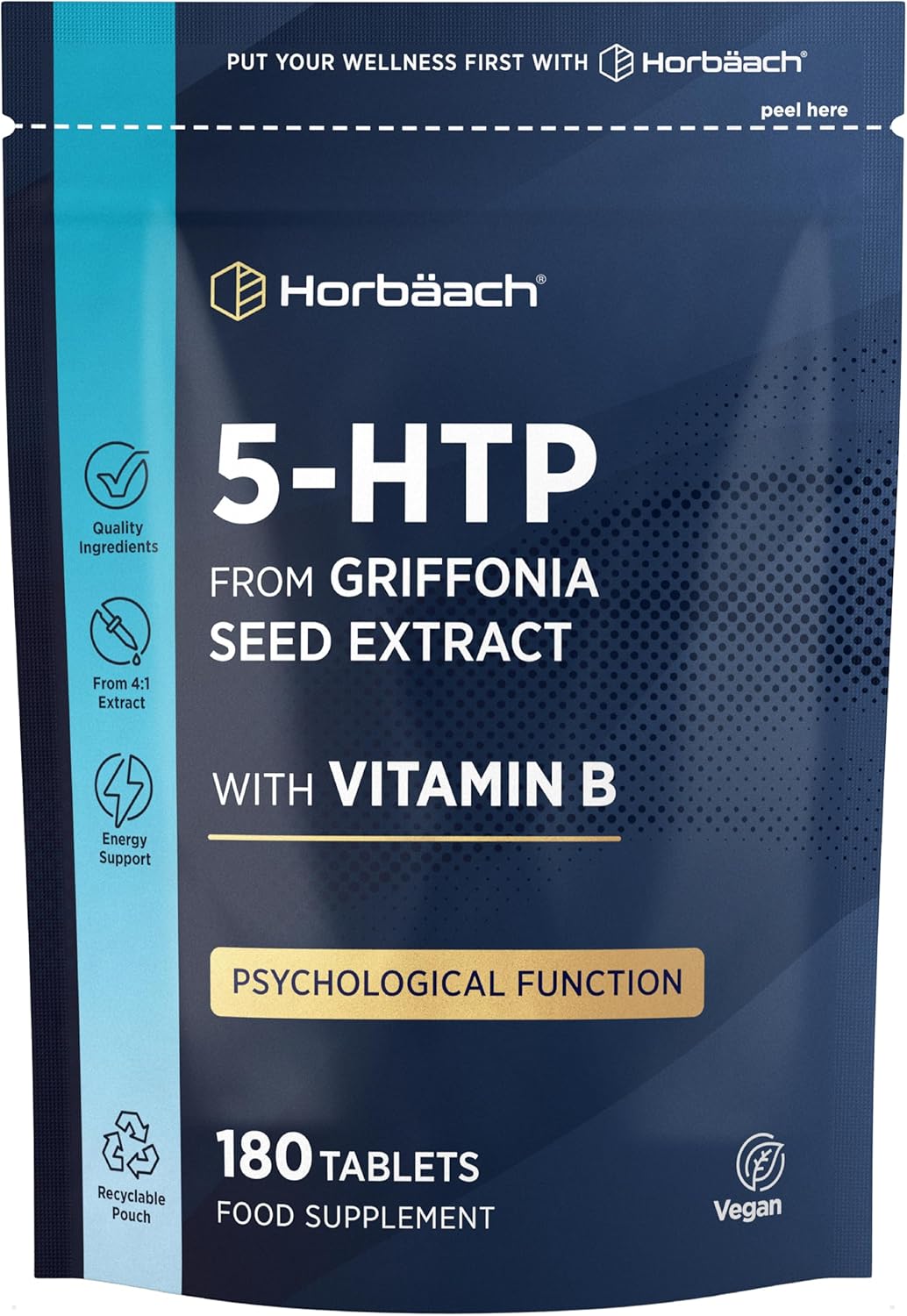 5HTP Supplement High Strength | 180 Vegan Tablets | 6 Month Supply – One A Day | from Griffonia Seed Extract | with Vitamin B5 | by Horbaach