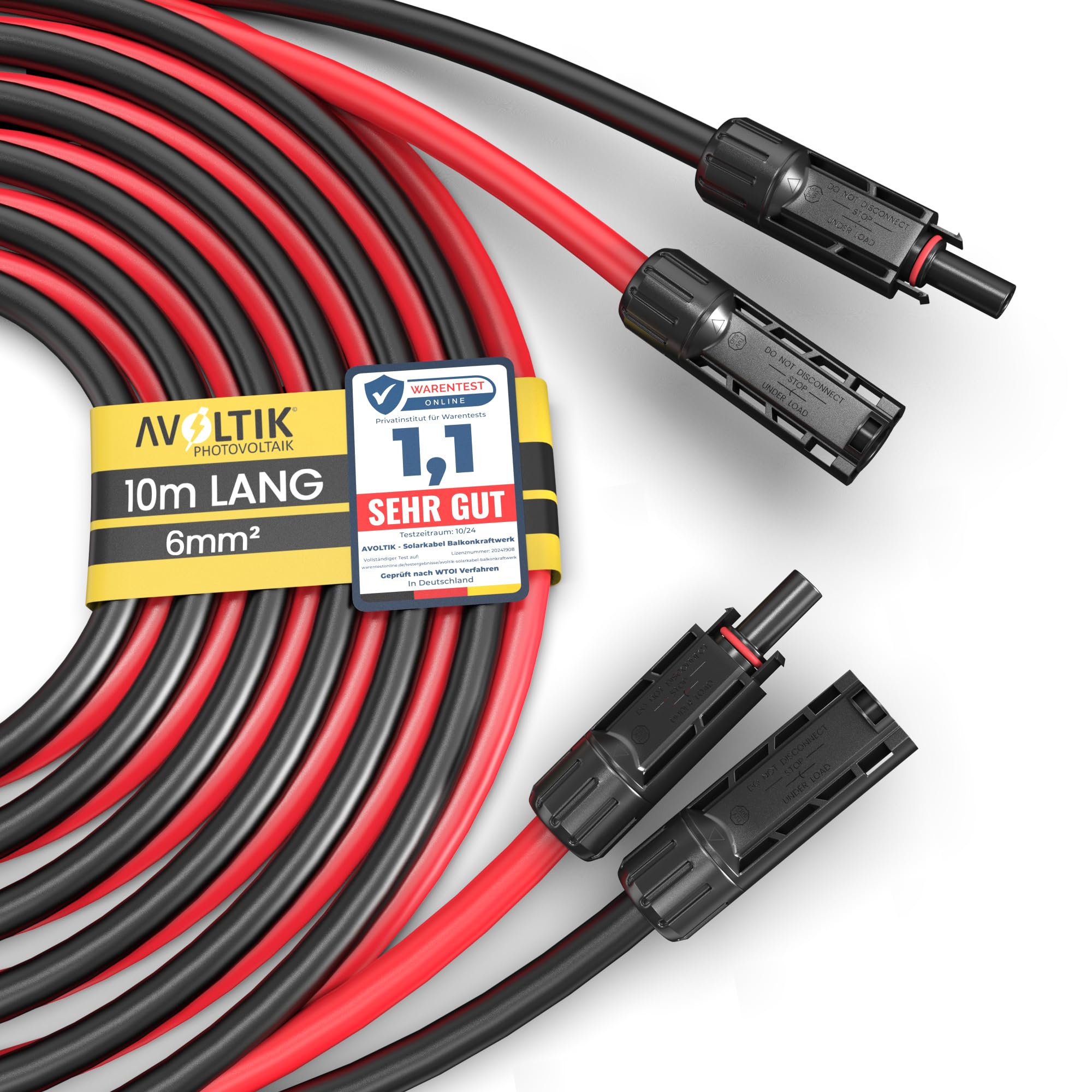 avoltik 2x 10m Solarkabel in 6mm2 I TÜV-zertifiziertes Balkonkraftwerkkabel I Robustes PV Kabel doppelt isoliert & wetterfest I IP67 Solar-Anschlusskabel I Photovoltaik Kabel rot & schwarz