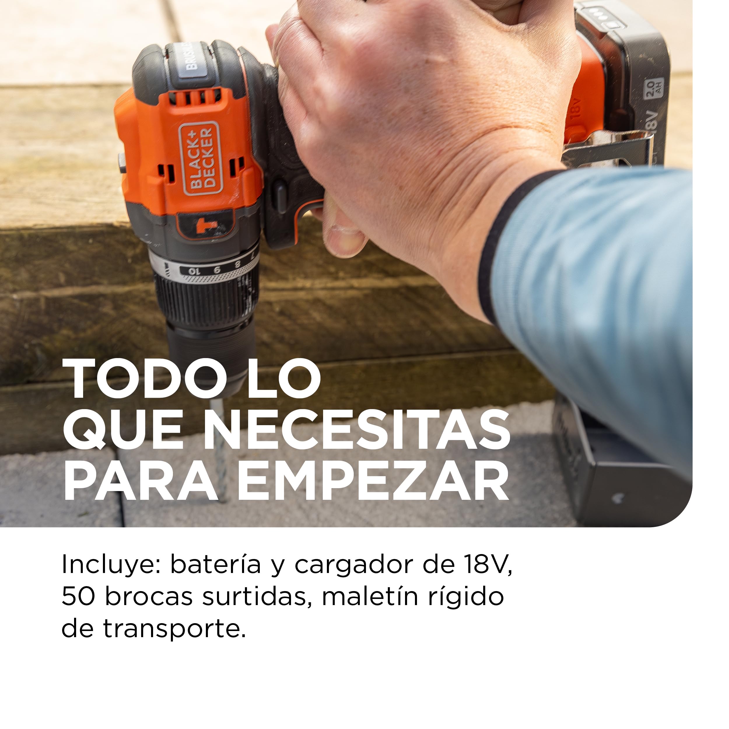 BLACK+DECKER Taladro percutor inalámbrico sin escobillas de 18v con batería de 2,0Ah, cargador, 50 accesorios y maletín de transporte, BLD783D1KA-QW