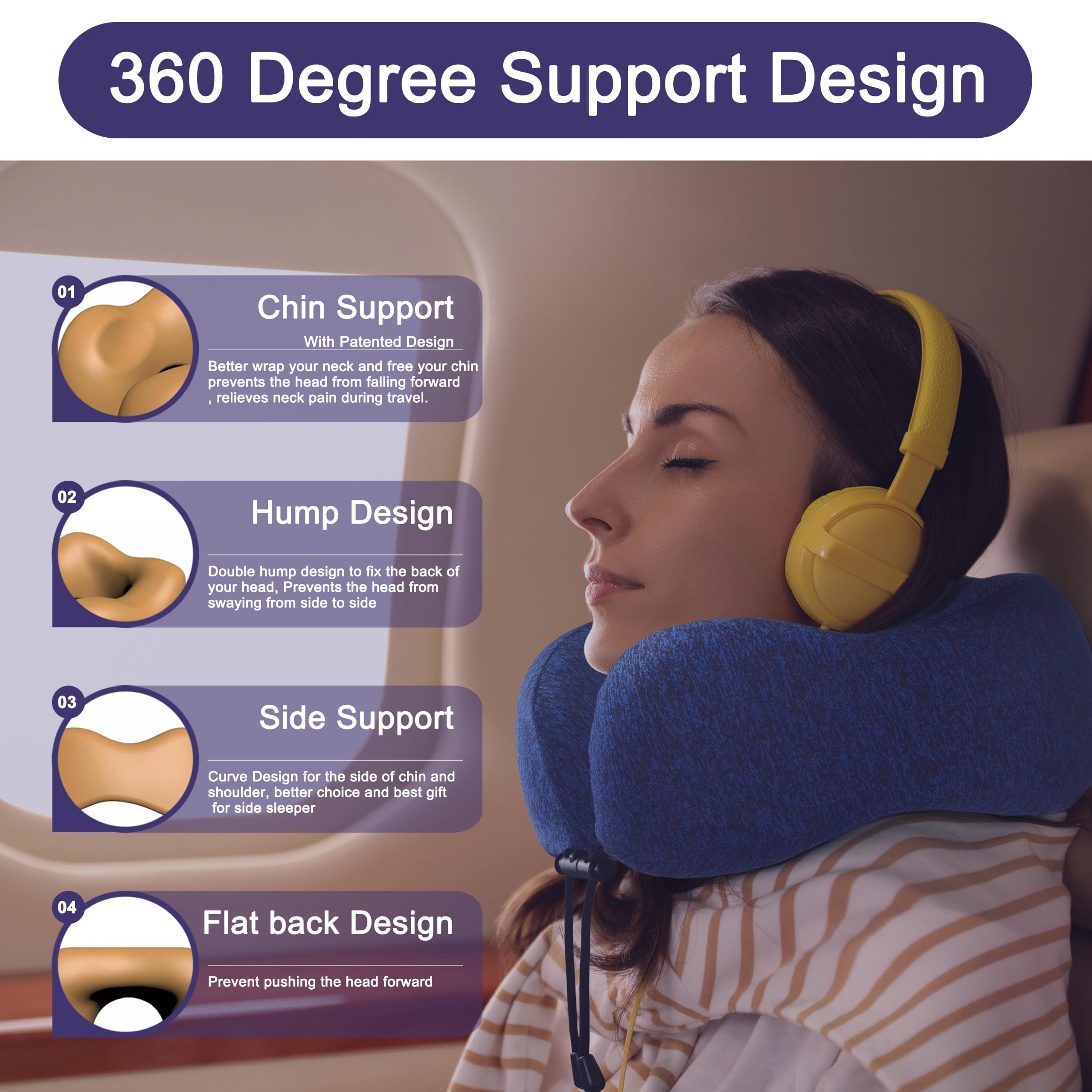 napfun Neck Pillow for Travel, Memory Foam Airplane Pillow, Full Dark Blue view 3