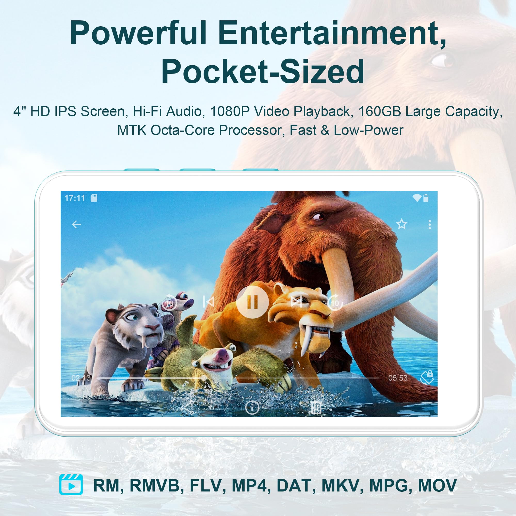 SWOFY D08 MP3 Player mit Bluetooth und WLAN, Android 13, 32GB, 4 Zoll Touchscreen, unterstützt Spotify, Audible, Play Store und UKW-Radio, Speicher erweiterbar bis 1TB