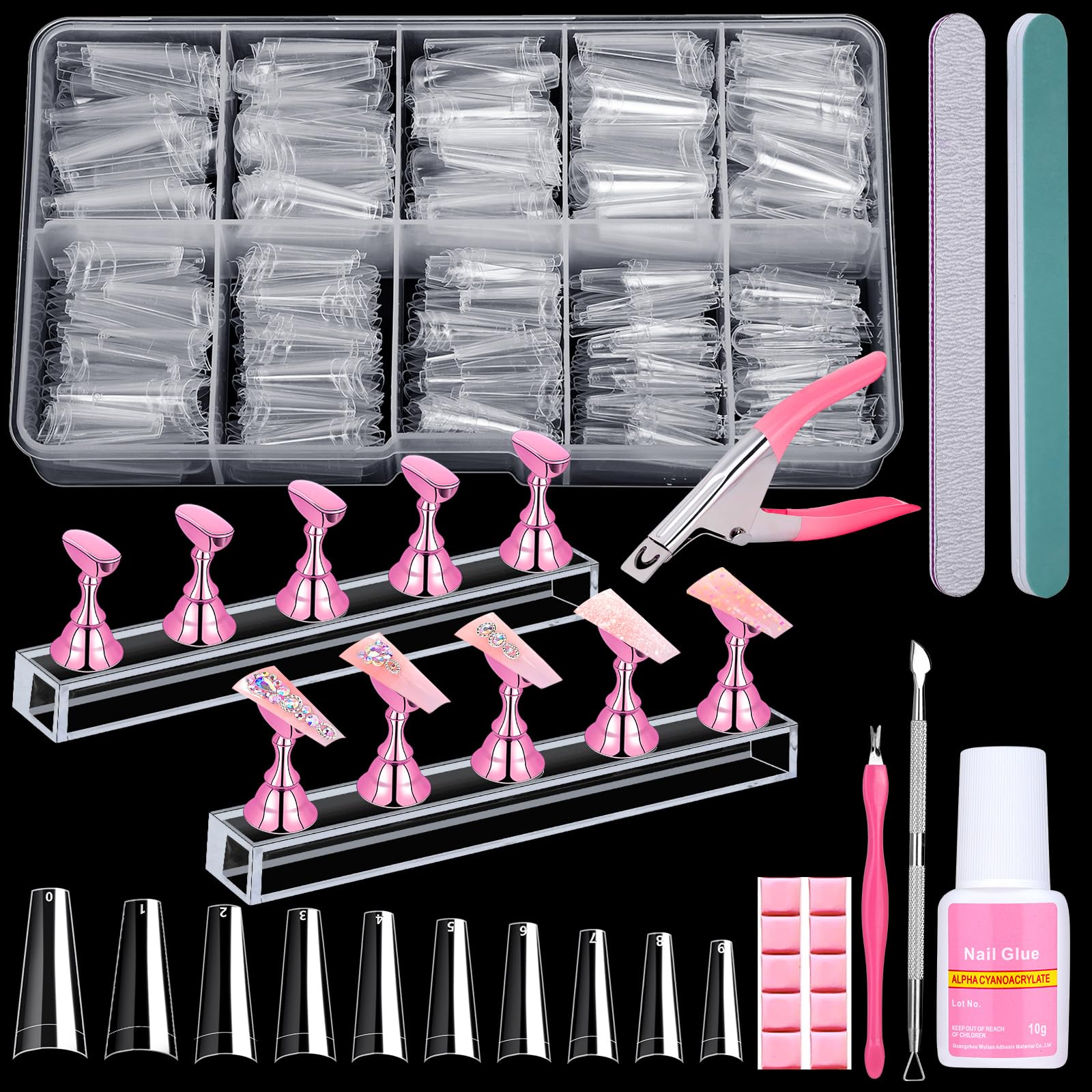 600PCS Clear Coffin Nail Tips Set - Clear Nail Tips for Acrylic Nails French Half Cover Fake Nail Tips Kit with Nail Glue, Nail Display Stand, Clipper