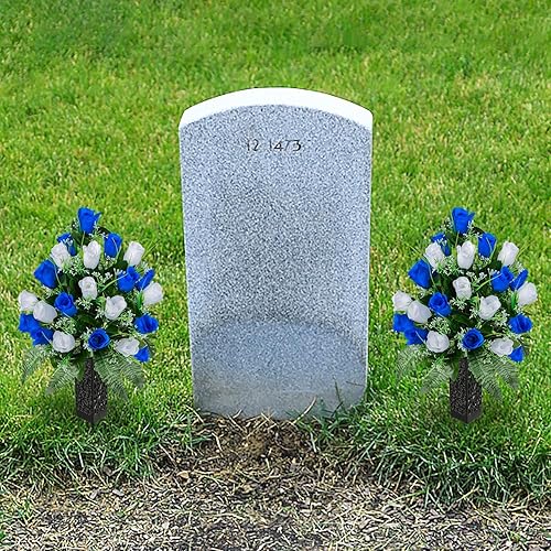 Miniatura 3 de Kukooka Flores artificiales de cementerio, flores conmemorativas con jarrón, decoración de ramo de rosas artificiales para lápidas de cementerio,