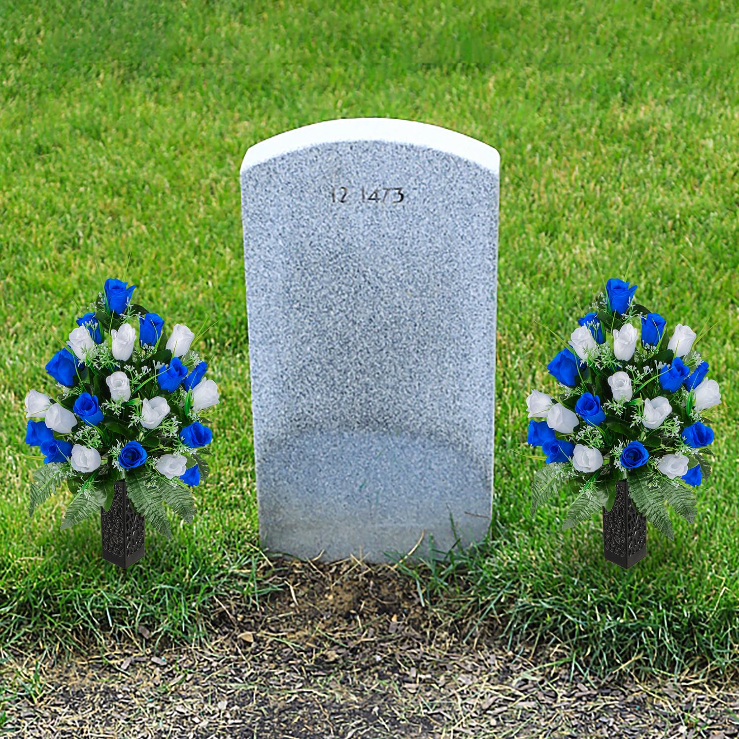 SIFOEL Set of 2 Artificial Grave Memorial Flowers Cemetery Flowers Rose Bouquet with Vase for Cemetery Graveyard Headstones Decoration (Blue&White) - Image 4