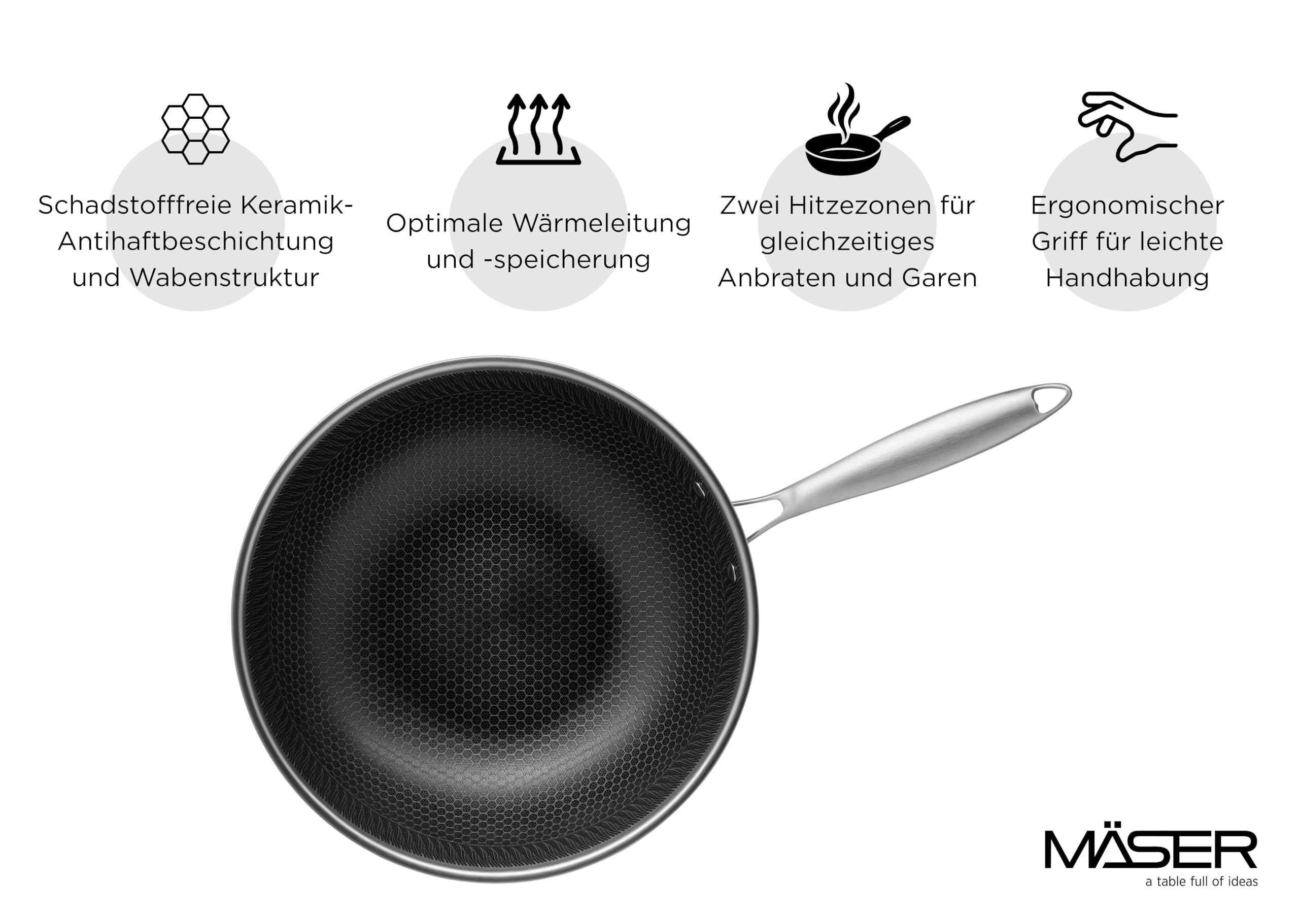 MÄSER Hestia, Wok 30 cm, Edelstahl keramikbeschichtet mit Wabenstruktur, Silber/Schwarz
