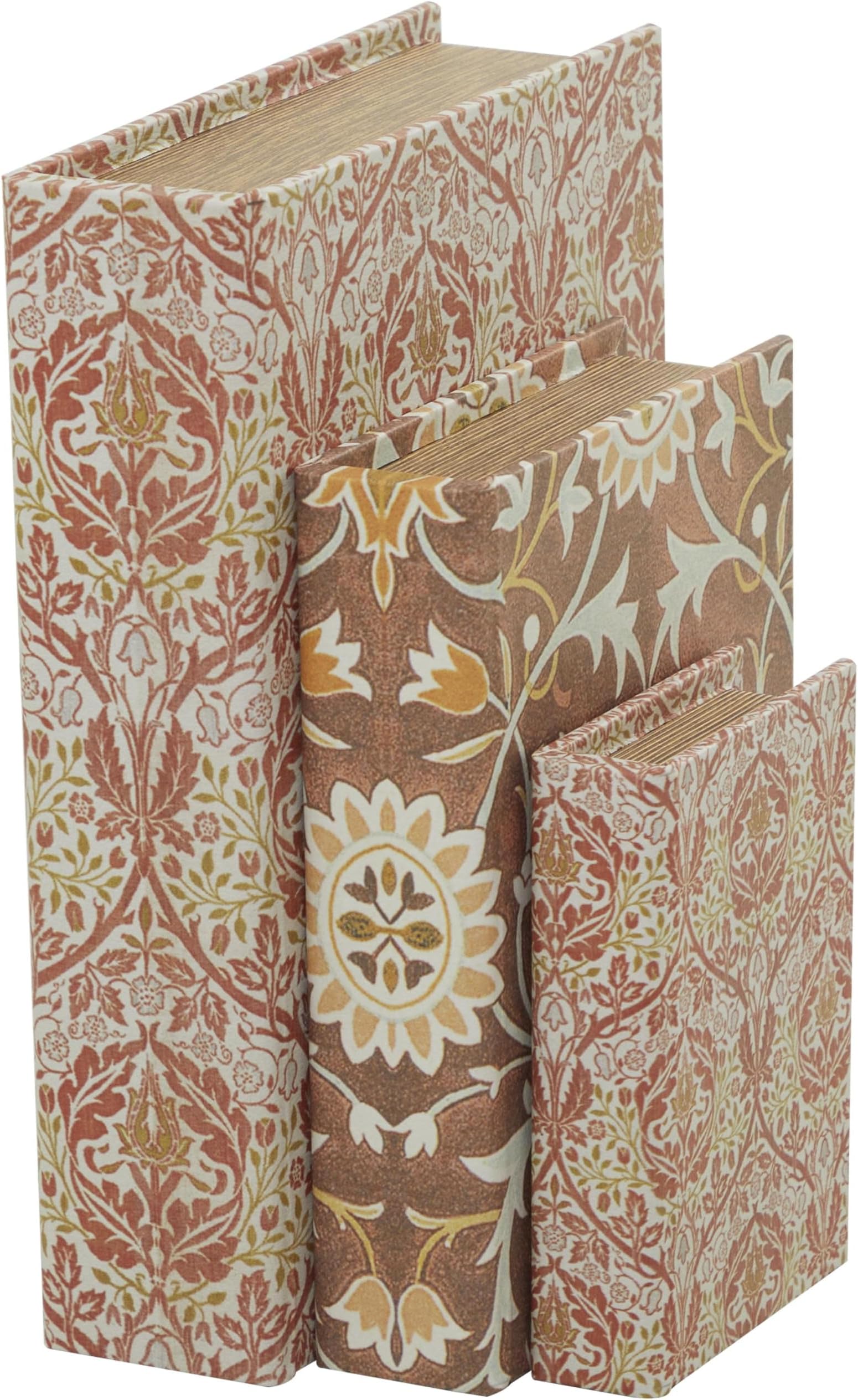 Deco 79 Faux Leather Decorative Box Faux Storage Book Book Shaped Boxes with Cream Floral Patterns, Set of 3 Decorative Keepsake Boxes 12", 9", 6"H, Orange