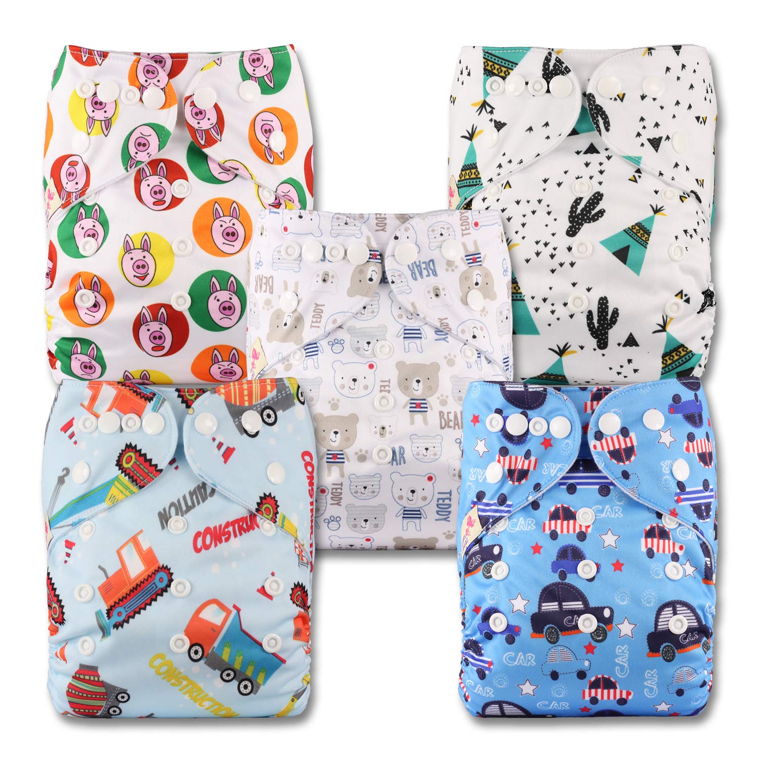 Littles & Bloomz, Reusable Pocket Cloth Nappy, Fastener: Popper, Set of 5, Patterns 519, with 10 Bamboo Charcoal Inserts
