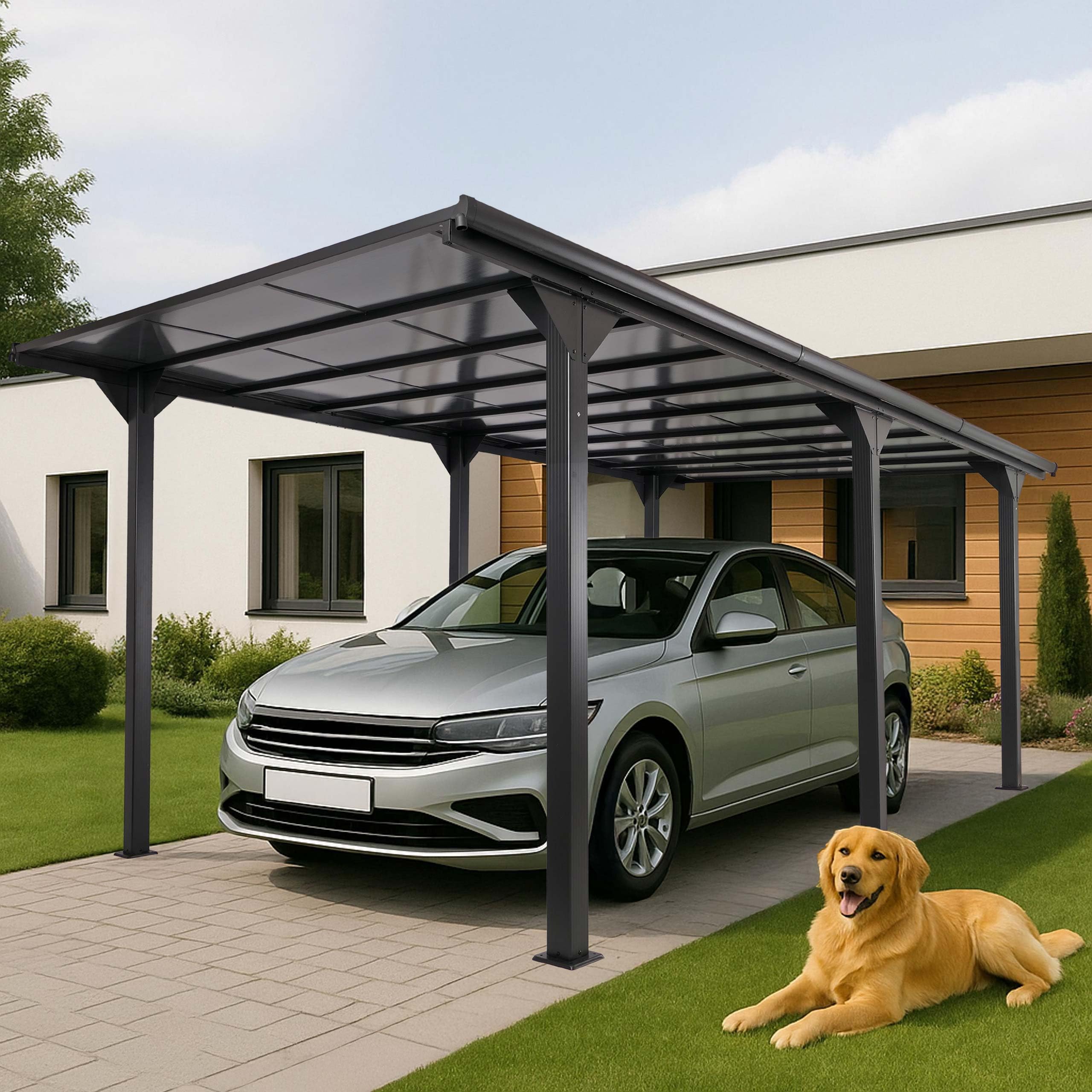 Alcoberta independiente Mendler HWC-O23, refugio para coche y garaje, estructura de 10 cm con techo de policarbonato y canaleta de lluvia, 3x6m - antracita