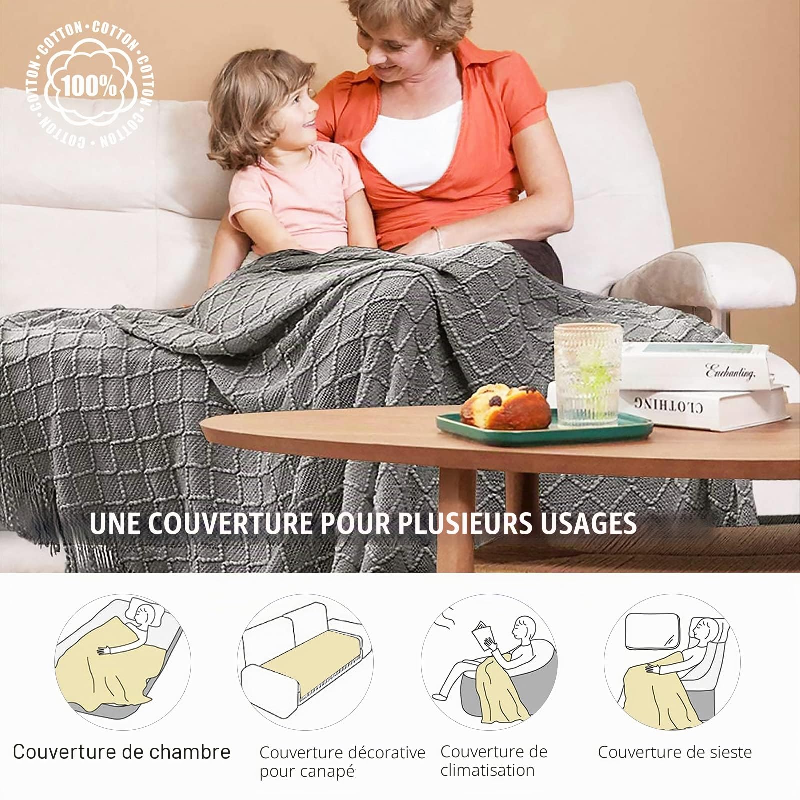 LumiSyne Couverture Tricotée Franges Jetés De Lit Couleur Solide Plaids Nordique Chaud Jeté Tapis à La Mode Doux Couverture Jeté De Canapé Couvre-Lit Décorative 130x230cm
