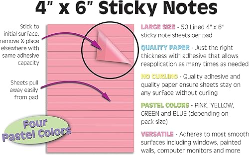 Miniatura 2 de Better Office Products Notas adhesivas forradas, 4 x 6, paquete de 10, 500 hojas (50/bloc), notas autoadhesivas con líneas, 4 colores pastel