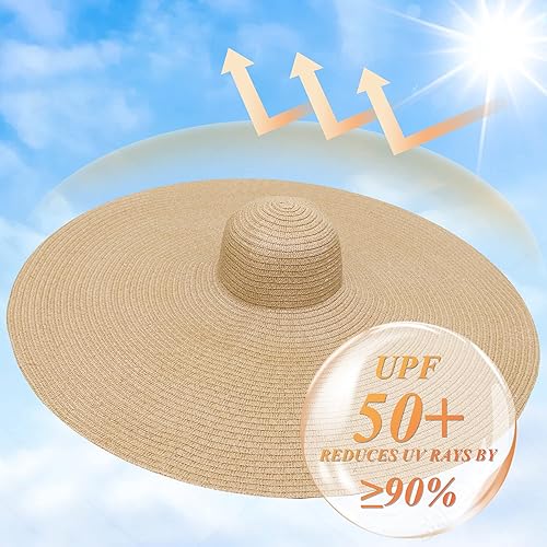 Miniatura 7 de Sombrero de paja de gran tamaño para mujer, UPF 50+, sombrero de verano de ala ancha, plegable, enrollable, sombrero de viaje, sombreros de playa