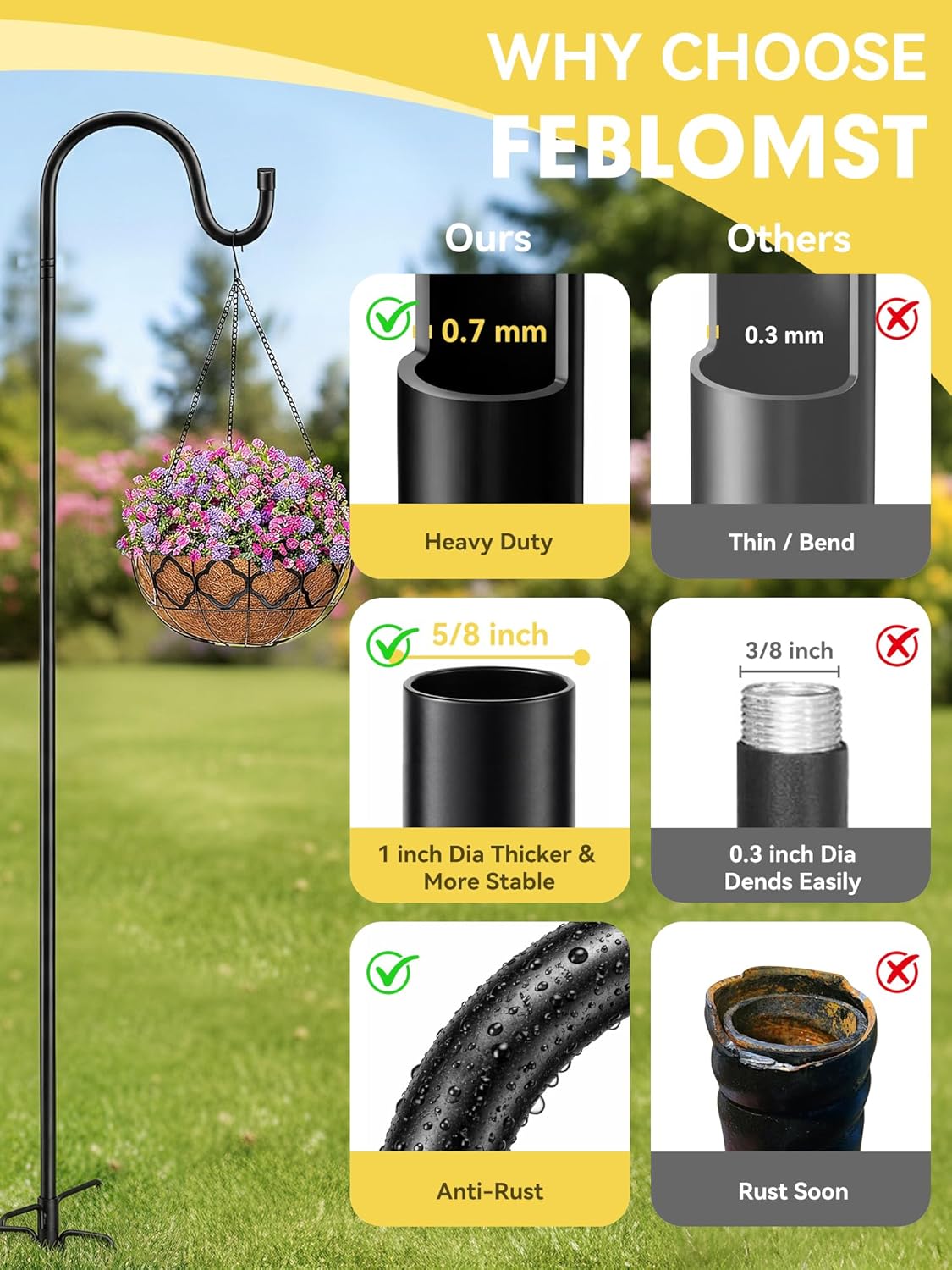 Bird Feeder Pole, 94" Shepherds Hooks for Outdoor, Hummingbird Feeders Stand Heavy Duty with Stable 5-Prong Base, Hanging Plant Shepherd Hook Hanger Stick for Outside Garden Yard Wedding