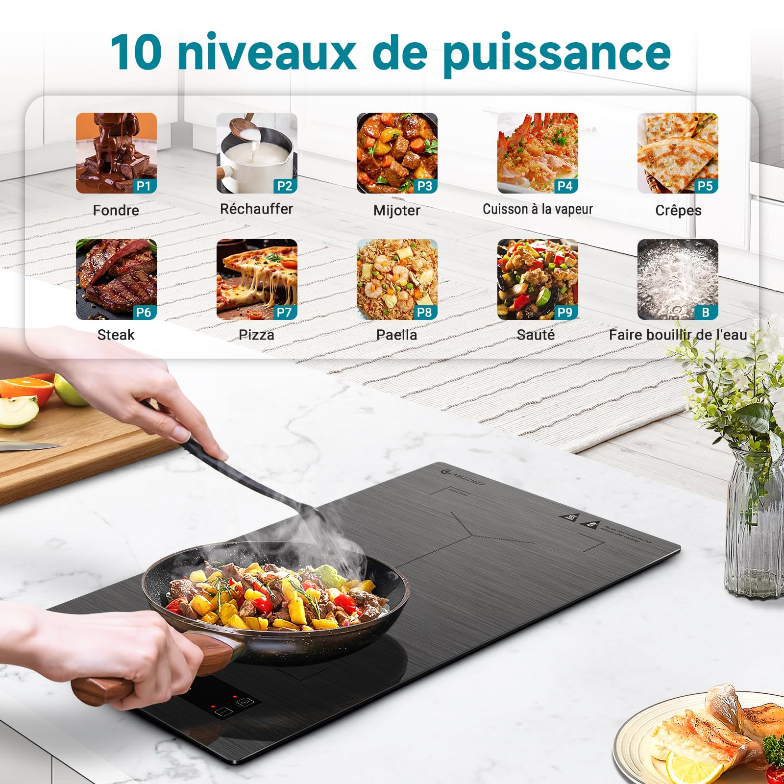 AMZCHEF Plaque à induction 2 feux 3300W avec zones flexibles, verrouillage sécurité et minuterie