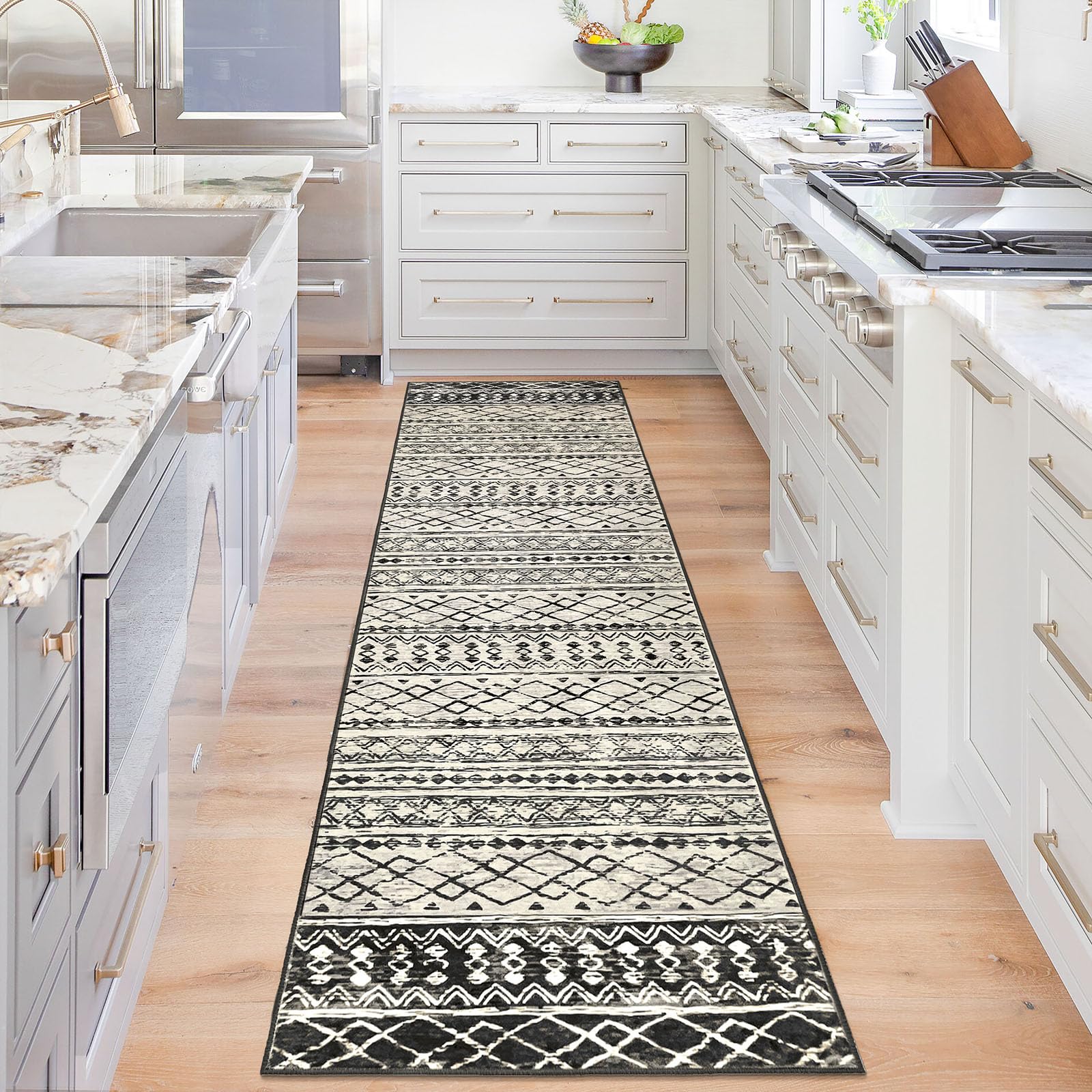 Moroccan Kitchen Rugs, 2x8 Non-Slip Vintage Black Boho Hallway Runner Kitchen Runner Rug Ultra Soft Print Distressed Geometric Floor Carpet Runner for Bedroom Bathroom Laundry Living Room