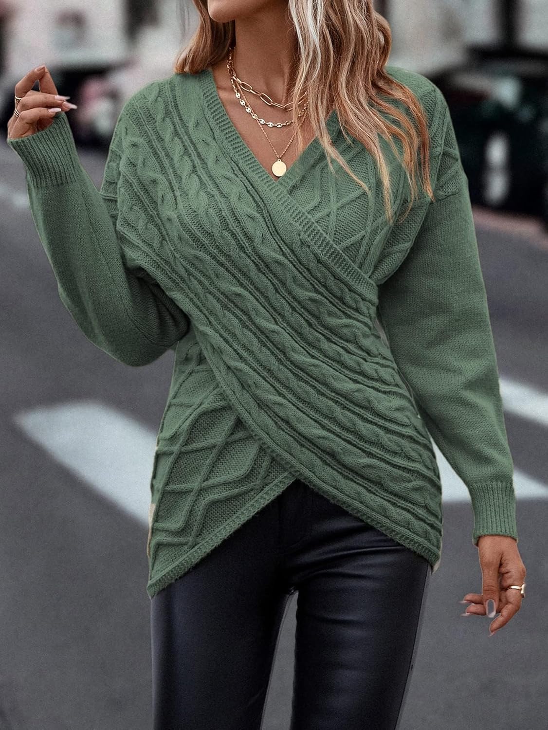 Womens Casual V Neck Long Sleeve Sweaters Cross Wrap Front Cable Knit Pullover Sweater Jumper Tops - Image 3