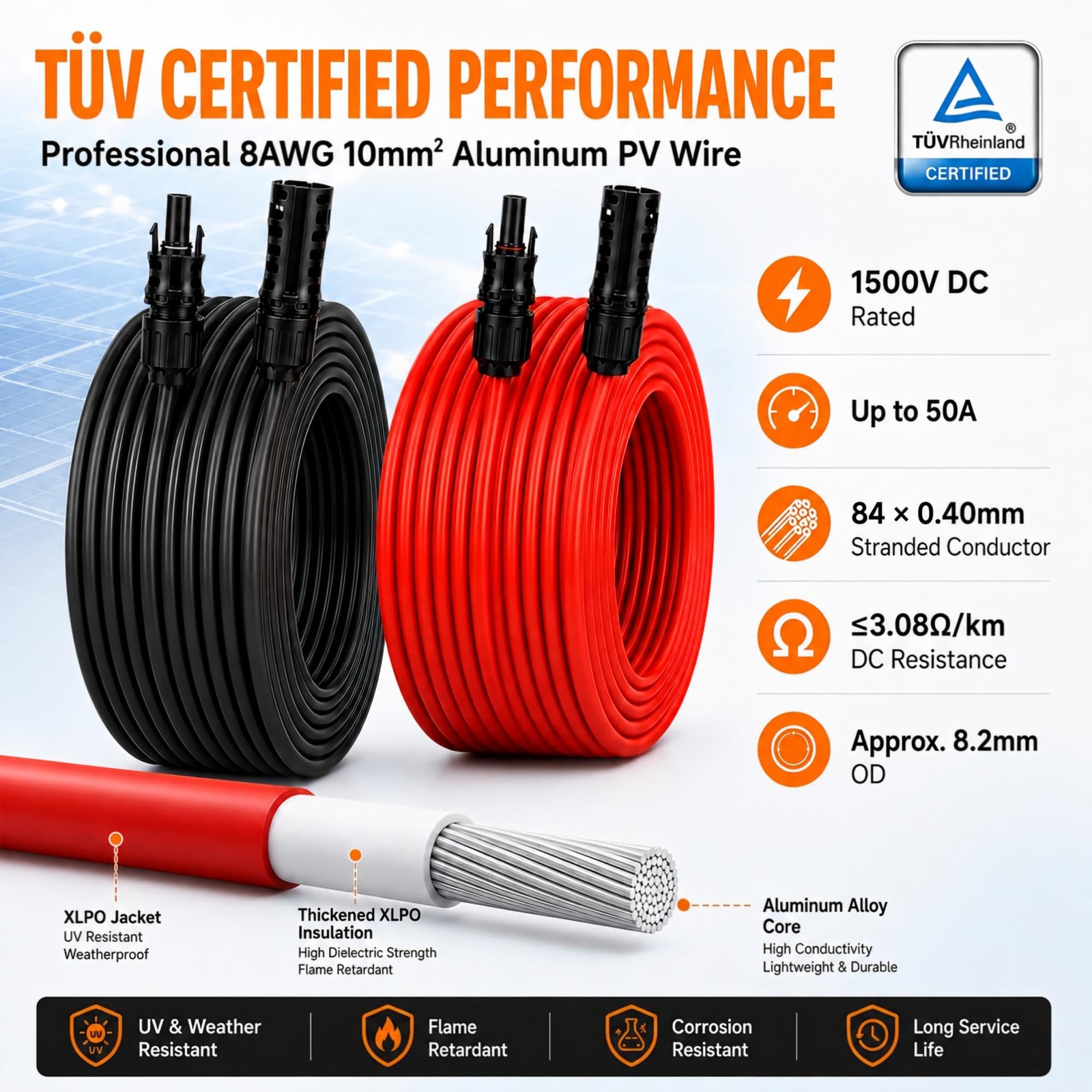8 AWG Solarmodul-Verlängerungskabel, 6 x 15 m, Aluminium mit Steckern für
