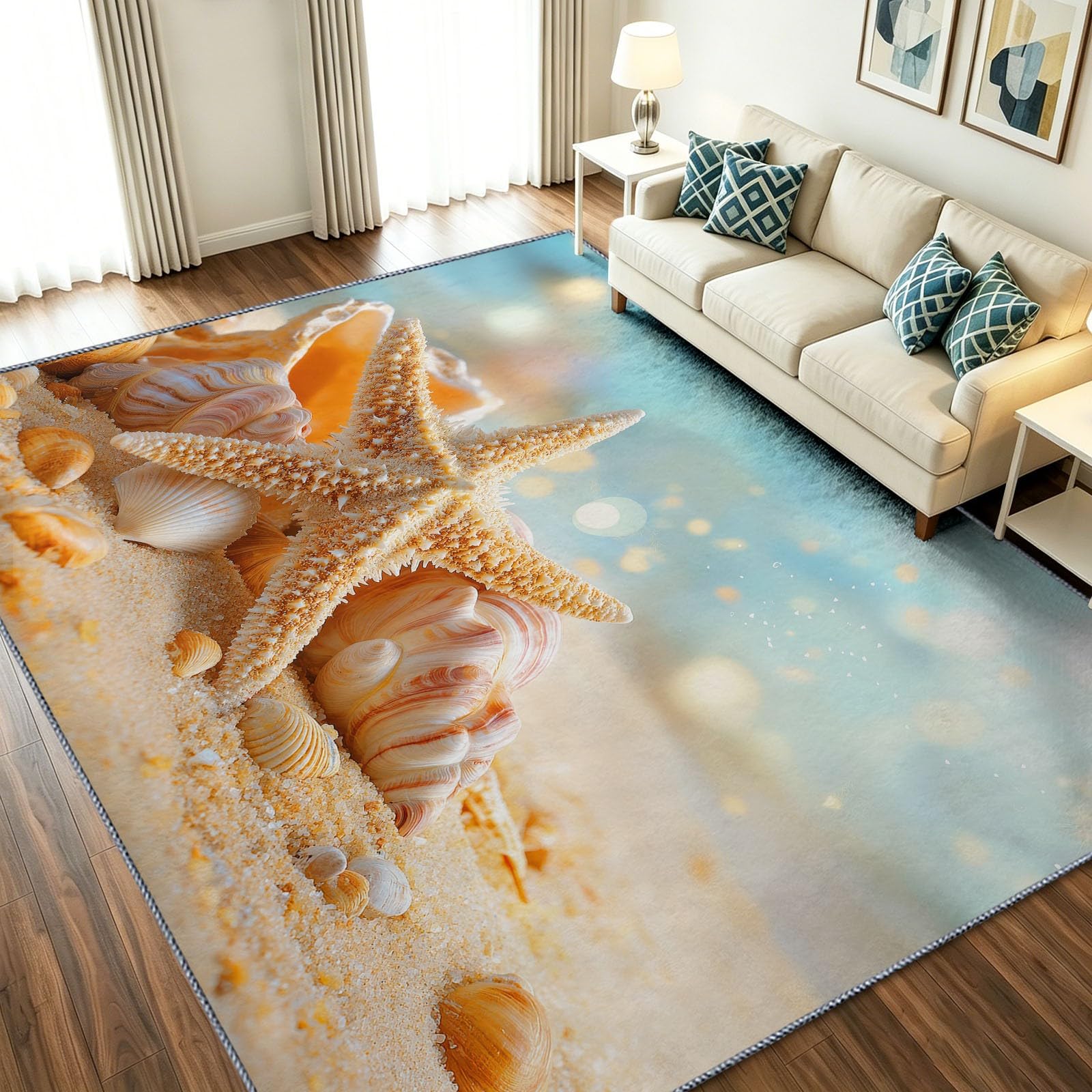 Tapis de salon lavable 120x170 antidérapant déco étoiles de mer et coquillages