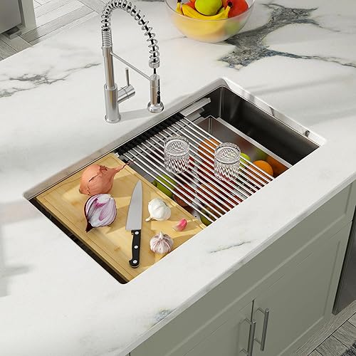 Miniatura 7 de Dcolora Fregadero de cocina de montaje inferior de 33 pulgadas, estación de trabajo de repisa de dos niveles, soldado a mano, calibre 16, fregadero