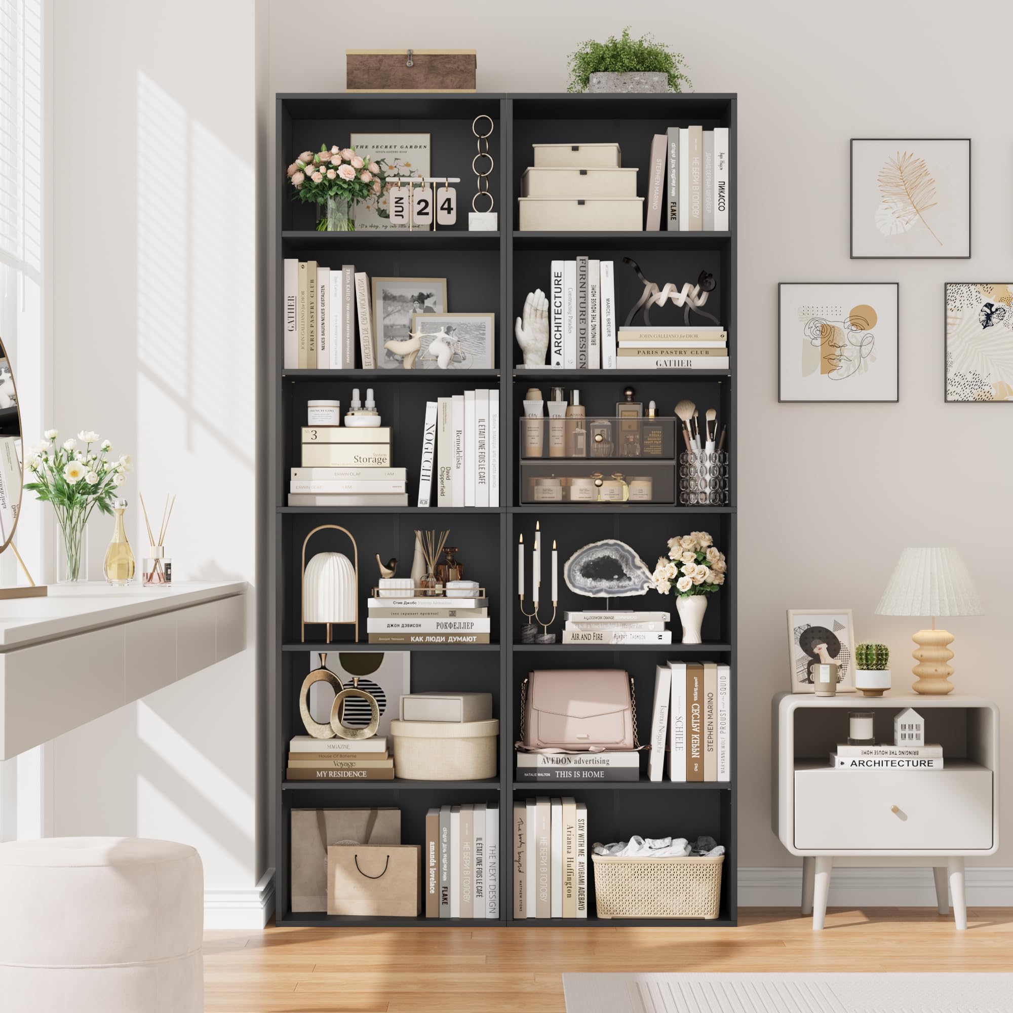 FirFurd Estantería Libros Sinfonier Alto Librería Madera, 6 Compartimentos | Librería Estantería, Biblioteca, Estanterias Almacenaje, Estrecha y Alta, para Salón Oficina Dormitorio Negro 48x30x191Al.cm
